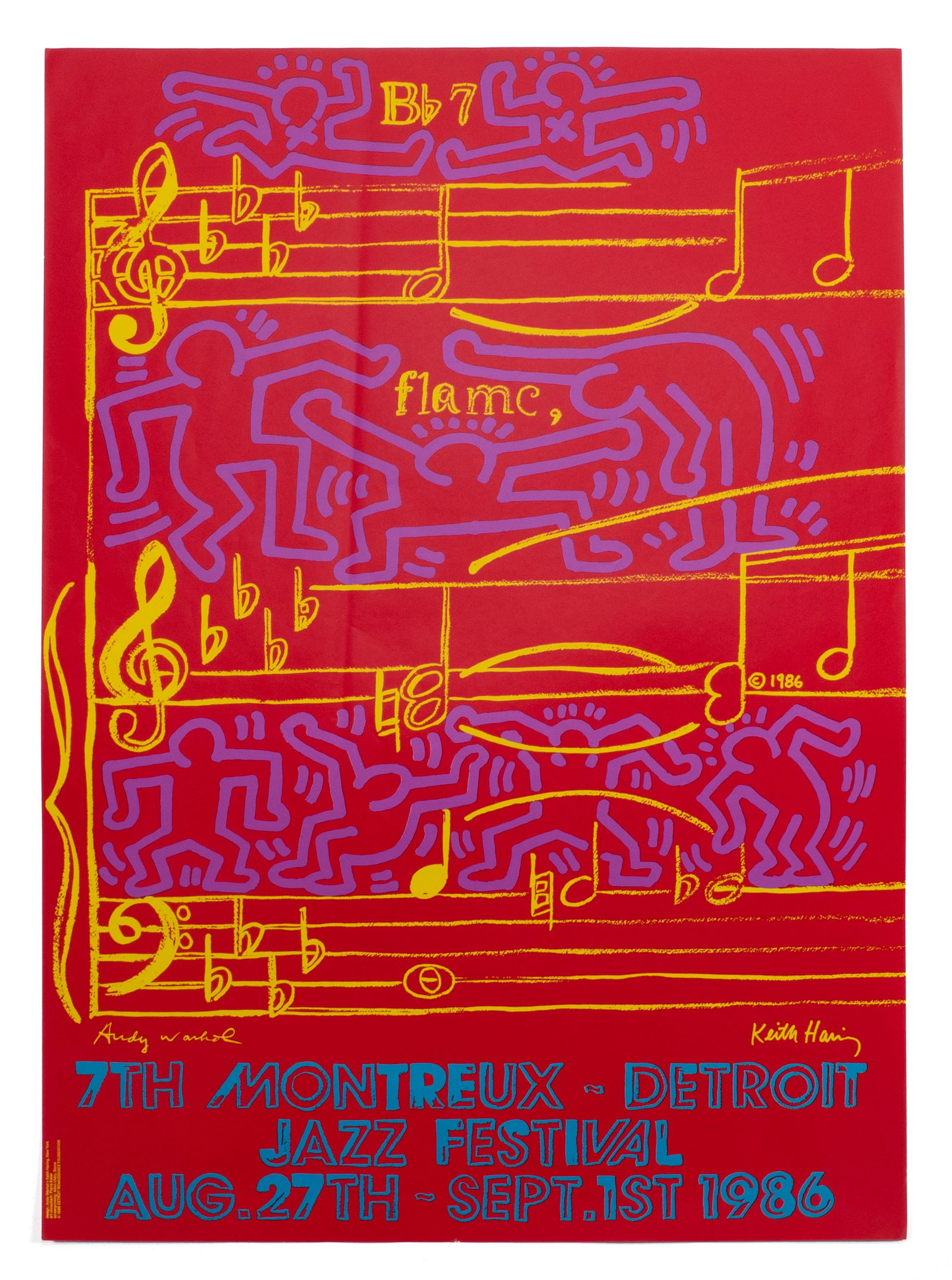 KEITH HARING & ANDY WARHOL MONTREAUX JAZZ FESTIVAL POSTER: KEITH HARING & ANDY WARHOL MONTREAUX JAZZ FESTIVAL POSTER Screenprint, 1986, printed by Albin Uldry, Berne and published by the Detroit Renaissance Foundation. Unframed. 39 1/4 x 27 1/2 in. (99.7 x