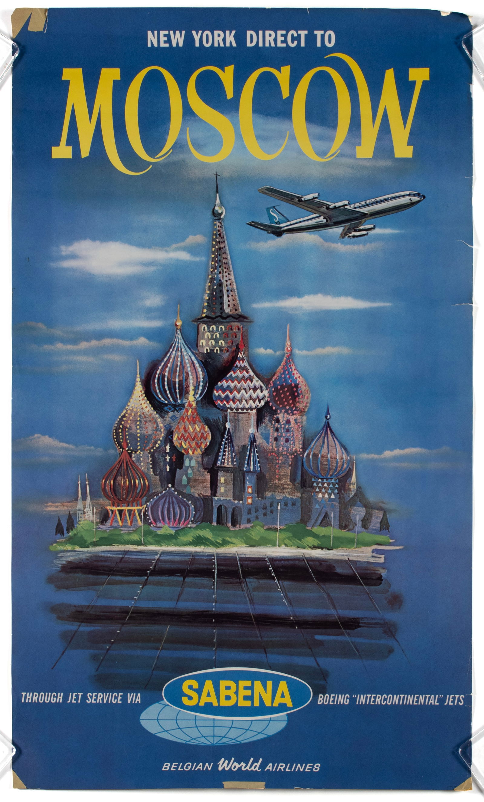 SABENA BELGIAN WORLD AIRLINES TRAVEL POSTER: SABENA BELGIAN WORLD AIRLINES TRAVEL POSTERColor lithograph, "New York Direct to Moscow". Showing a colorful image of Saint Basil's Cathedral in Moscow with a Boeing intercontinental jet flying above,