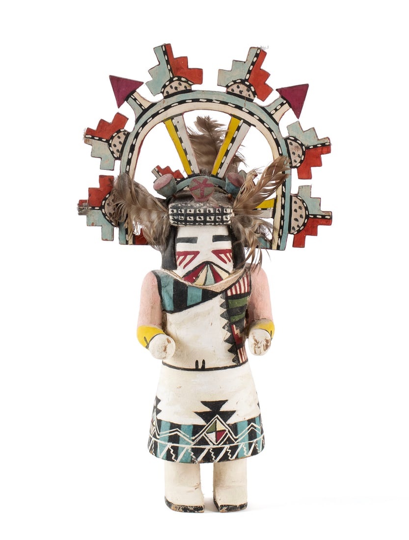 HOPI PALHIK MANA KACHINA BY JAMES (JIMMY K) KEWANWYTEWA: HOPI PALHIK MANA KACHINA BY JAMES (JIMMY K) KEWANWYTEWA Arizona, mid-20th century. James Kewanwytewa (1889-1966), polychrome decorated carved cottonwood Kachina (Katsina) doll portraying a butterfly