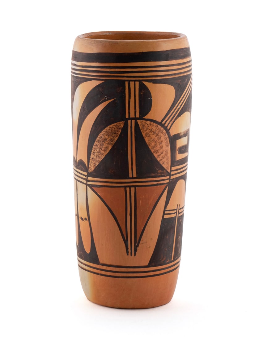 HOPI POTTERY VASE: HOPI POTTERY VASENative American, circa 1930s. Geometric designs in shades of brown and red, on the yellow ground.9 1/2 x 4 in. (24.1 x 10.2 cm.)