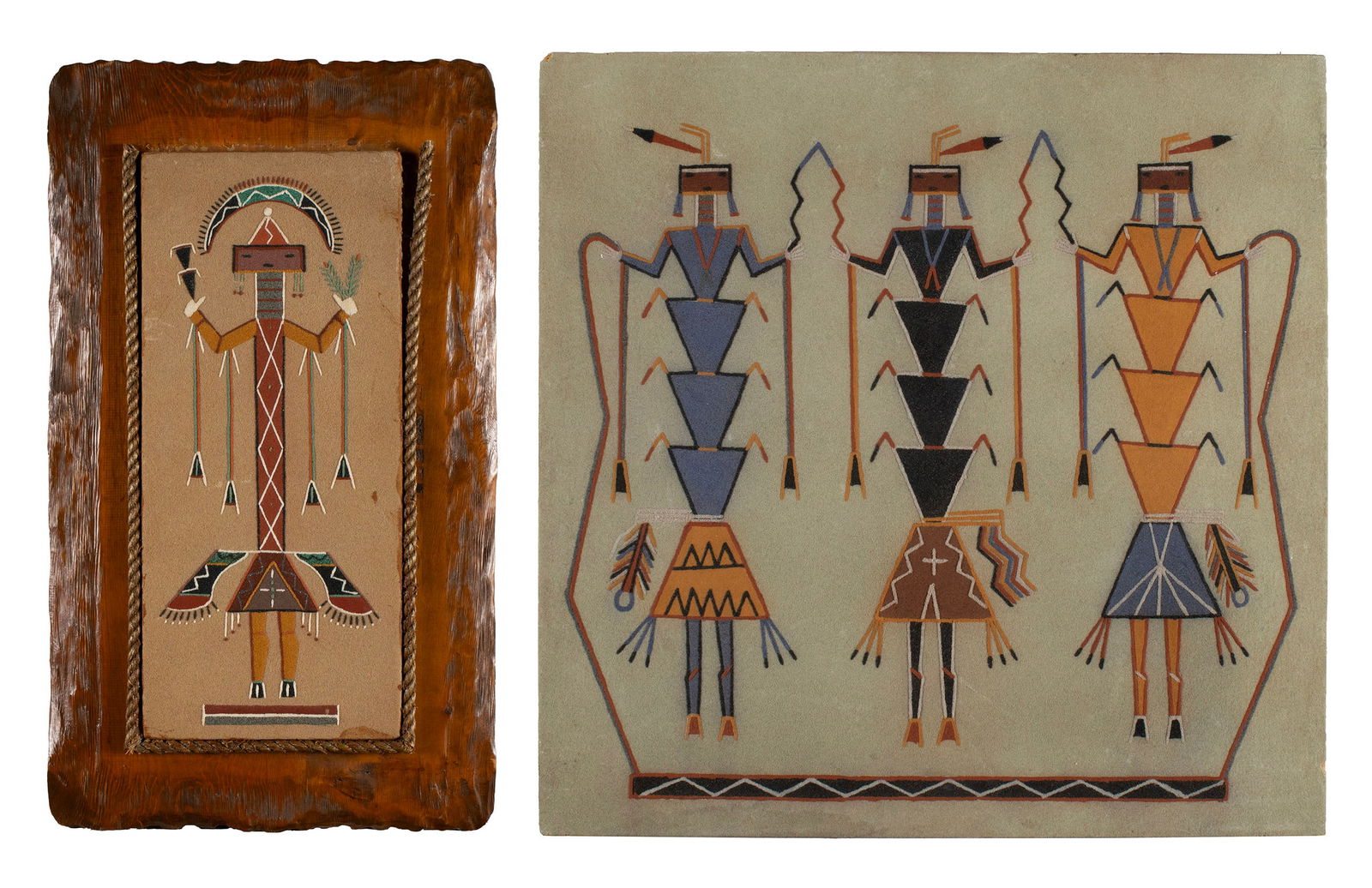 TWO NAVAJO STORM PEOPLE SAND PAINTINGS: TWO NAVAJO STORM PEOPLE SAND PAINTINGS New Mexico, 20th century. Single figure painting attributed to James C Joe, inscribed to verso "Rain People" inscribed as made by James Joe, together with a