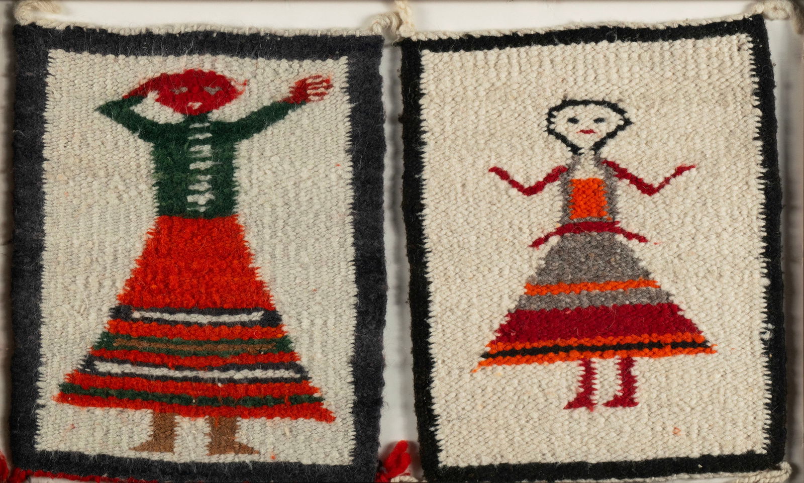 PAIR OF NAVAJO PICTORIAL TEXTILES: PAIR OF NAVAJO PICTORIAL TEXTILES Mid-20th century. Two diminutive hand-loomed wool textiles depicting Yei figures. Pair in single frame. 12 x 10 in. (30.5 x 25.4 cm.), Frame: 15 x 23 1/4 in. (38.1 x