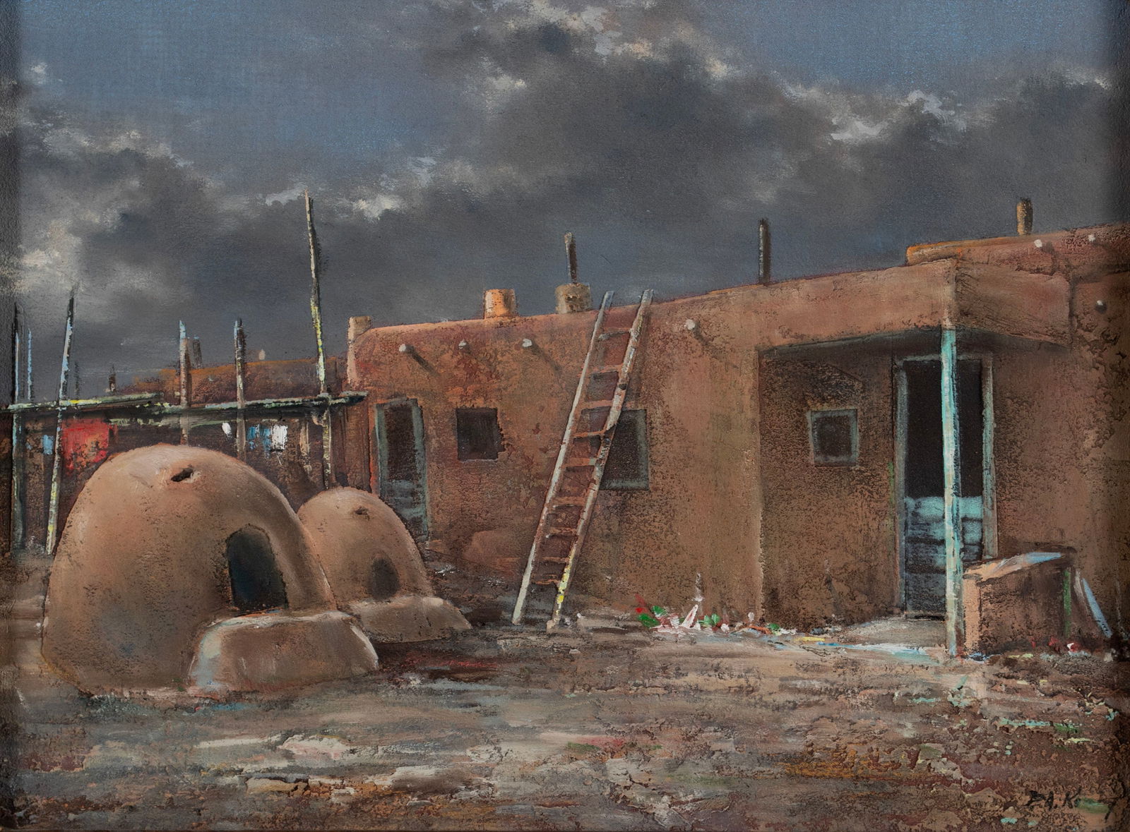 PAWEL KONTNY (AMERICAN, 1923-2002): Pawel KontnyAmerican, 1923-2002Pueblo VillageOil and marble dust on boardSigned lower right. Southwest scene with adobe dwellings, framed.8 1/2 x 11 1/2 in. (21.6 x 29.2 cm.), Frame: 18 1/4 x 21 1/4 i