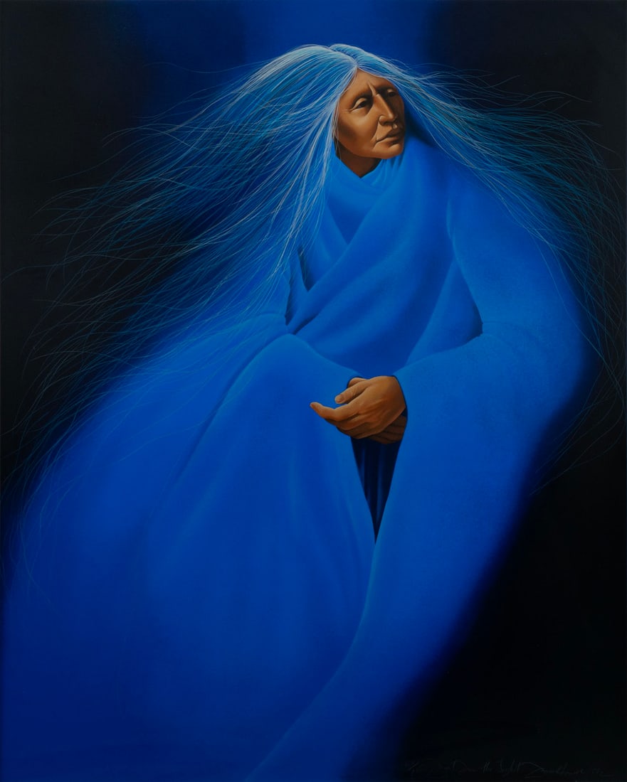 FRANK HOWELL (AMERICAN, 1937-1997): Frank HowellAmerican, 1937-1997Fruit From the LightColor lithograph, 62/225Signed, titled, numbered and dated 1992 lower right. Portrait of a woman in blue, matted and framed.Sight: 39 1/2 x 31 1/2 in