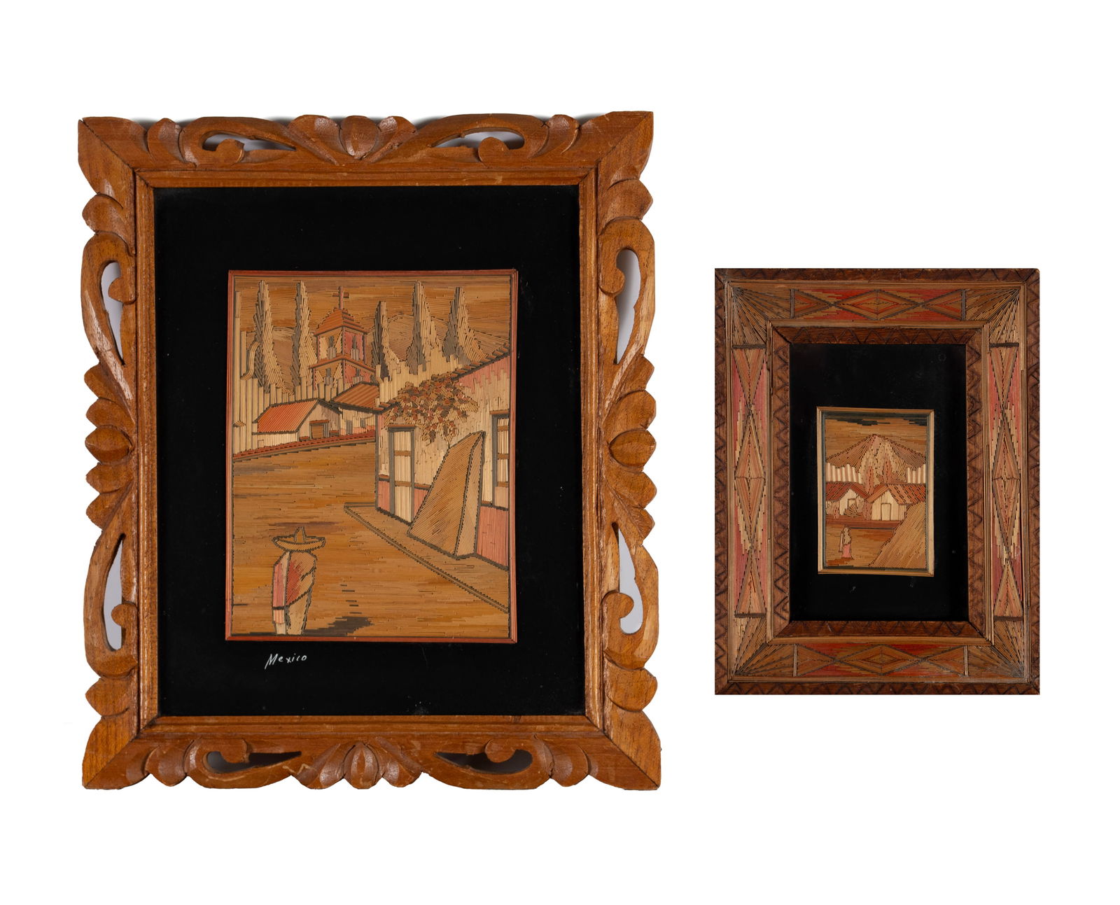 TWO VINTANGE POPOTILLO STRAW MOSAICS: TWO VINTANGE POPOTILLO STRAW MOSAICSMexican, 20th century. Village scene with man wearing sombrero walking down path towards church together with diminutive rural village scene with mountain landscape