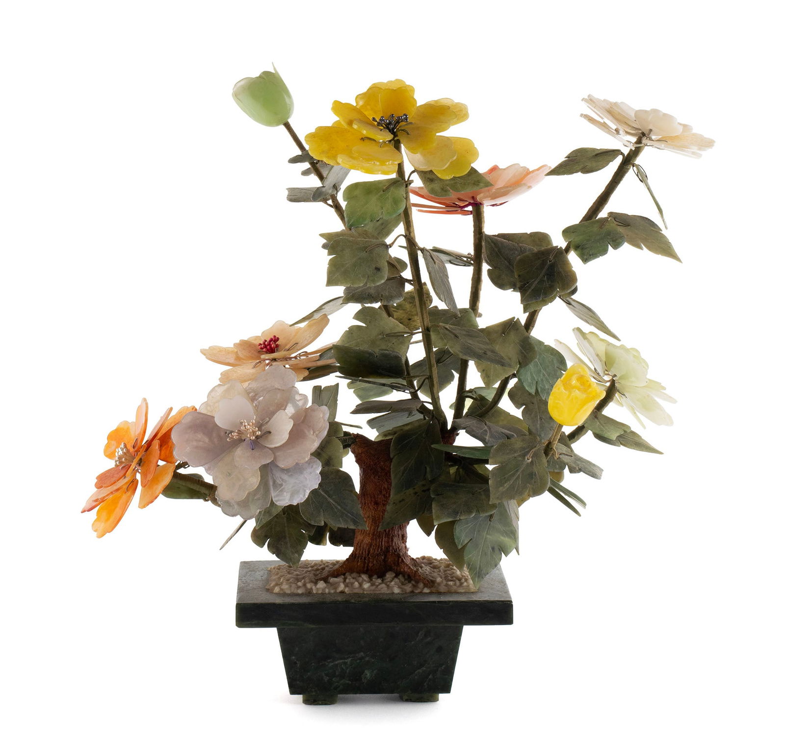 SEMI-PRECIOUS STONE TREE: SEMI-PRECIOUS STONE TREEChinese, mid-20th century. Semi-precious stone tree decorated with mounted agate, jade, and quartz leaves and flower petals finished with pearl beaded anthers, in a jade plante