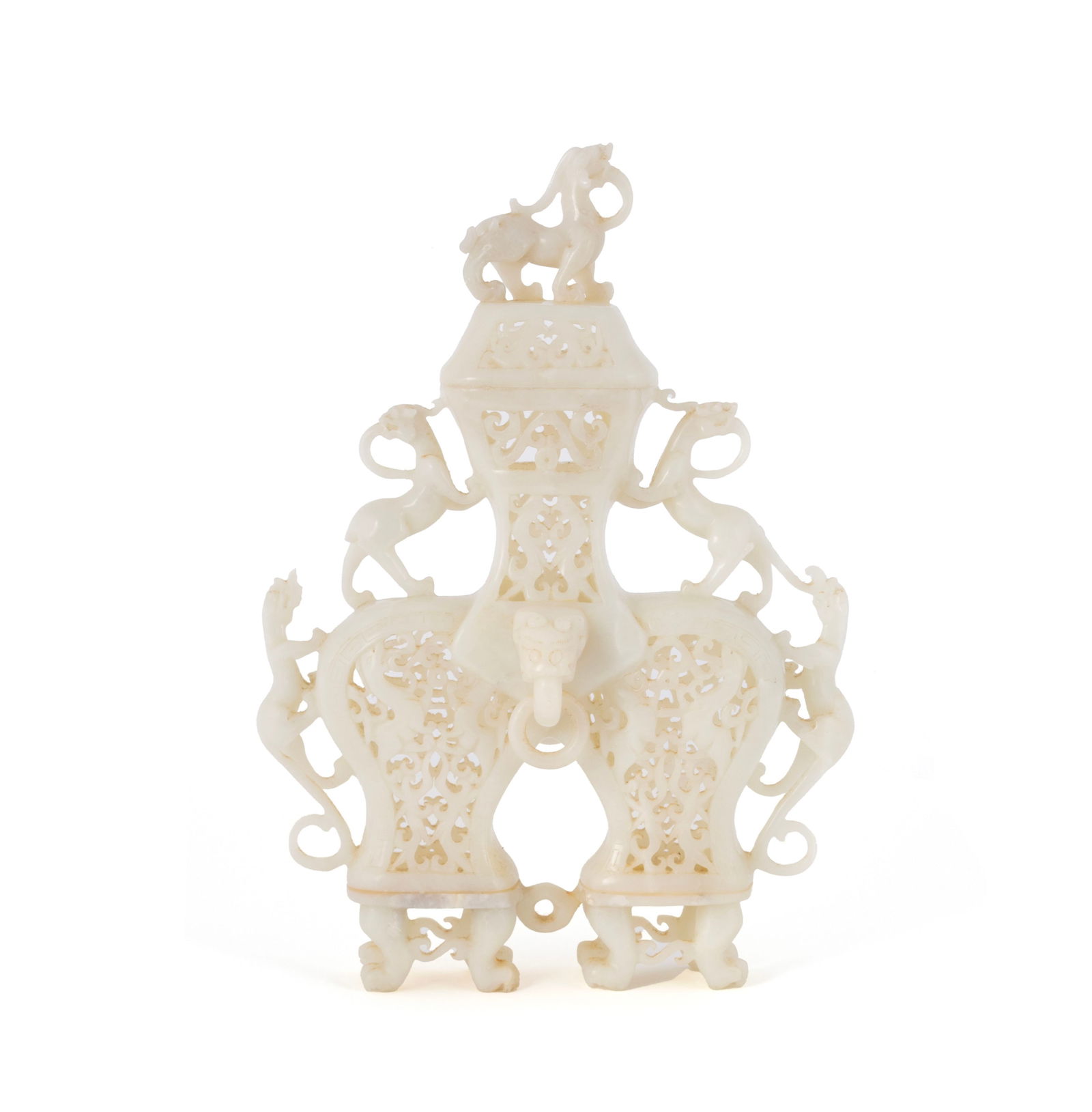 CHINESE HETIAN WHITE JADE INCENSE BURNER: CHINESE HETIAN WHITE JADE INCENSE BURNER20th century. Reticulated carved scrolled dragon decoration on tri-vase form censer, multiple small breaks and losses including loss of tail.14 x 10 x 5 in. (35