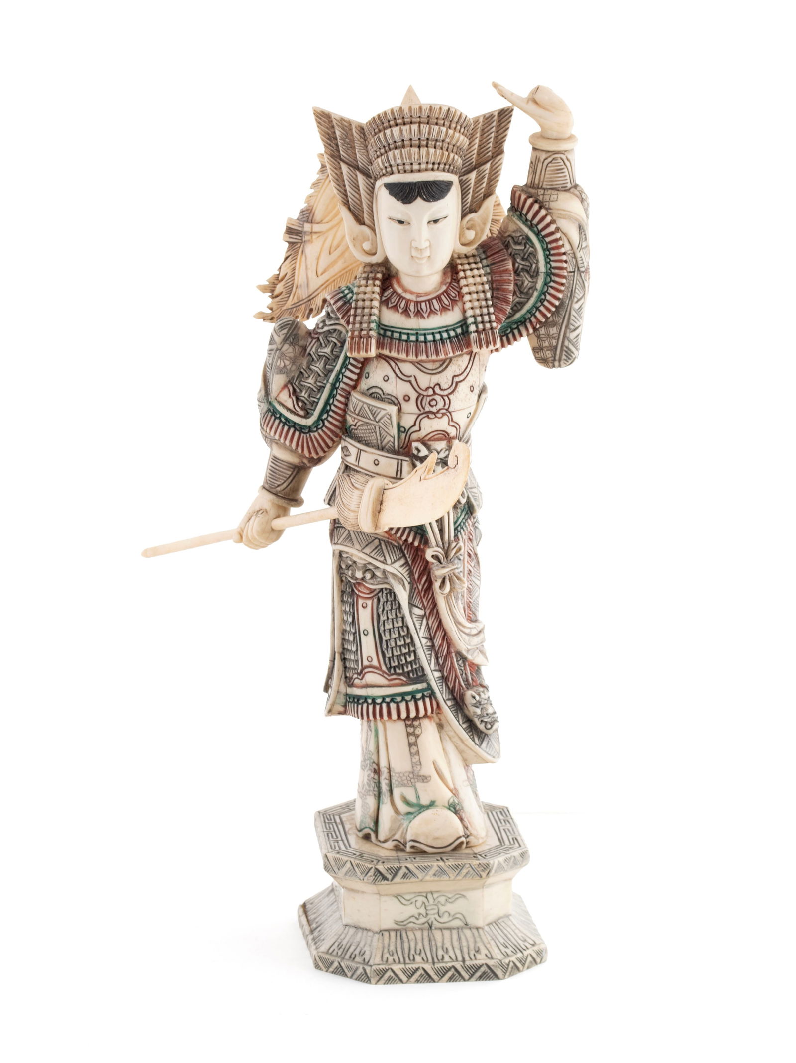 CHINESE WARRIOR STATUETTE: CHINESE WARRIOR STATUETTE Chinese, 20th century, painted tesselate over wood. Figure of a warrior in highly incised attire, on an octagonal base. 14 1/2 in. (36.8 cm.)