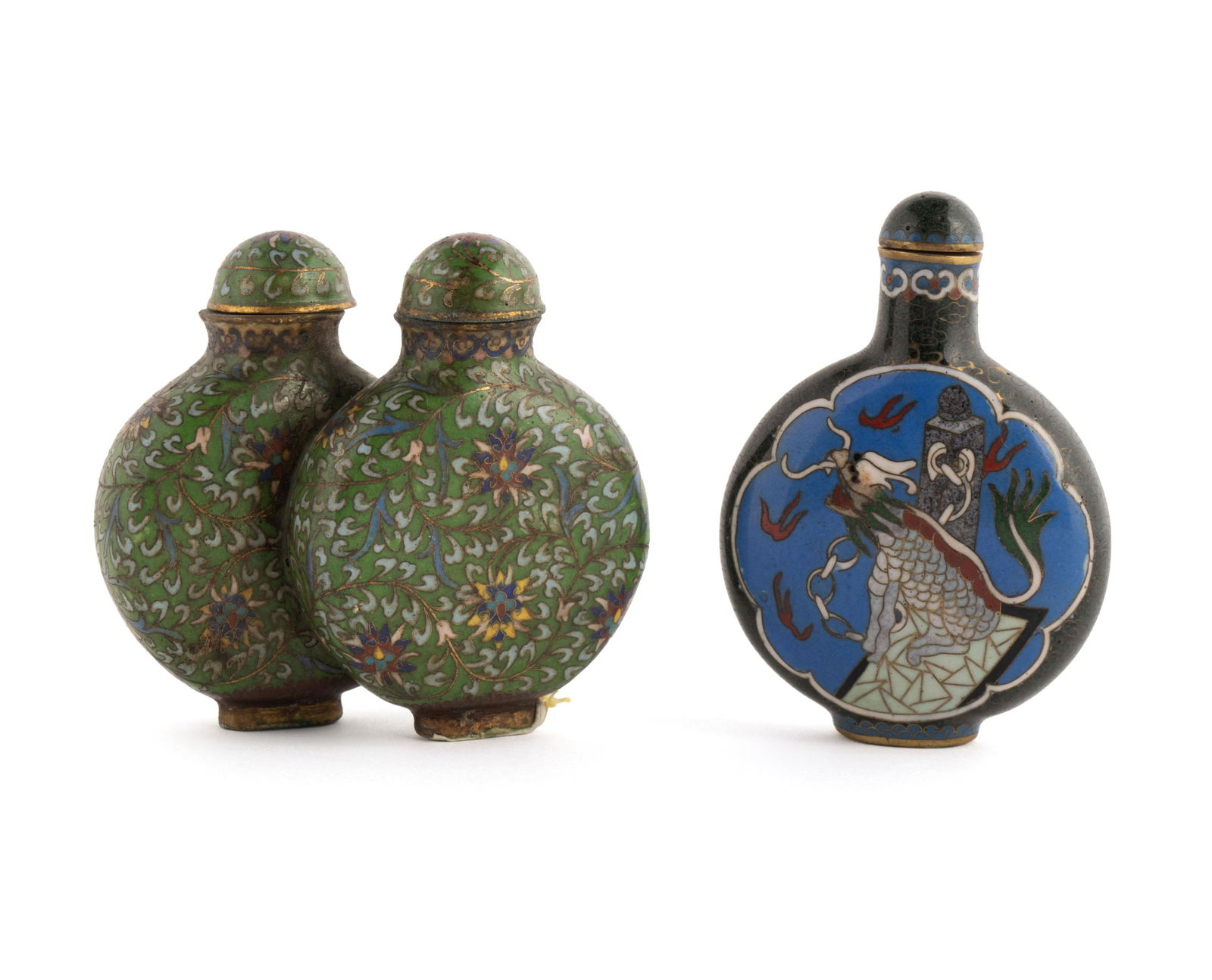 TWO CHINESE CLOISONNE SNUFF BOTTLES: TWO CHINESE CLOISONNE SNUFF BOTTLES19th century. Double snuff bottle together with a 20th century "dragon" snuff bottle.double 2 1/2 x 2 1/2 x 1 1/2 in. (6.4 x 6.4 x 3.8 cm.), dragon 2 3/4 x 2 x 3/4 i