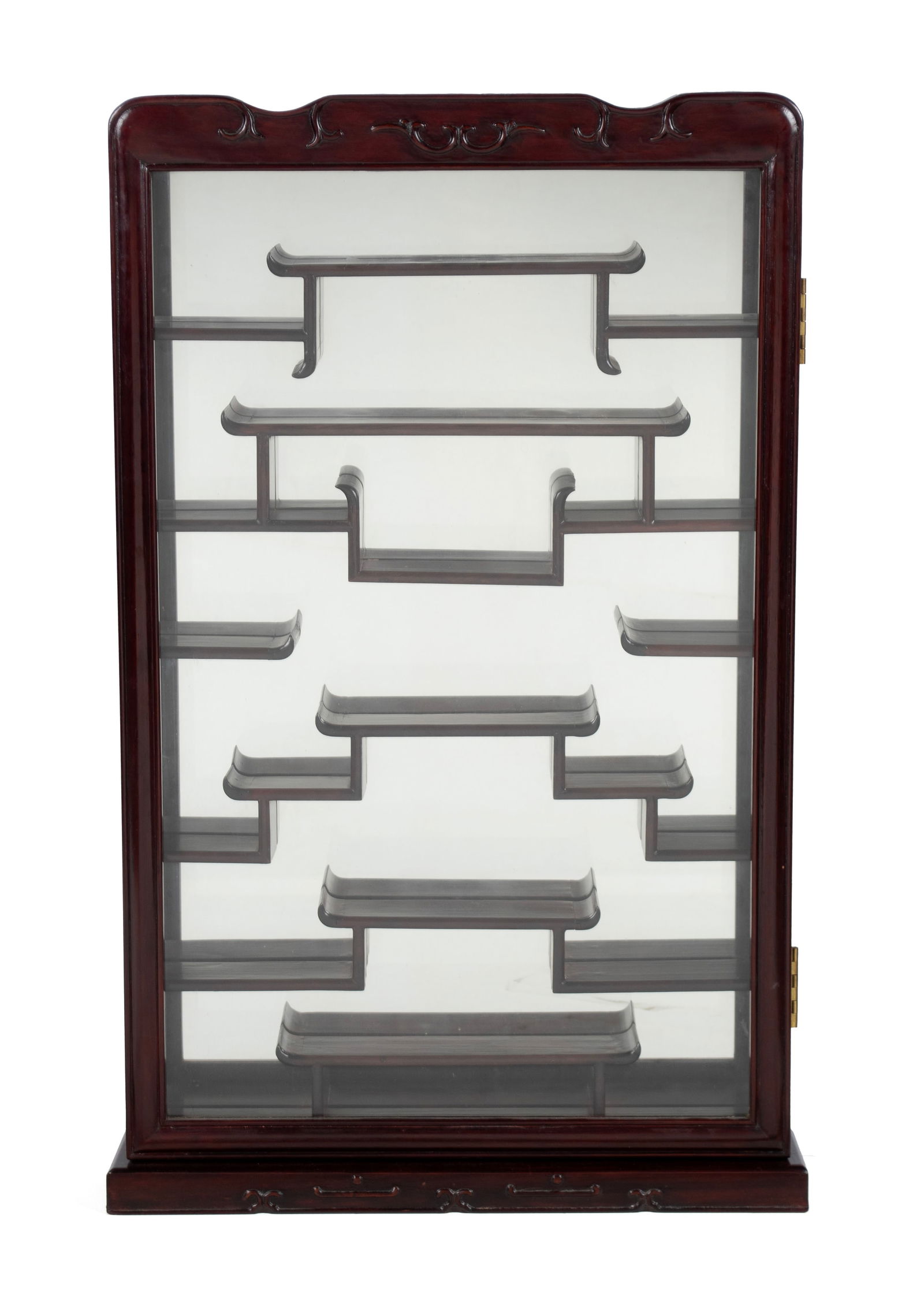 CHINESE DISPLAY CABINET: CHINESE DISPLAY CABINETChinese, 20th century, mahogany finish. Wall mounted with an assortment of shelves against the mirrored background, with locking key.33 x 21 x 4 in. (83.8 x 53.3 x 10.2 cm.)