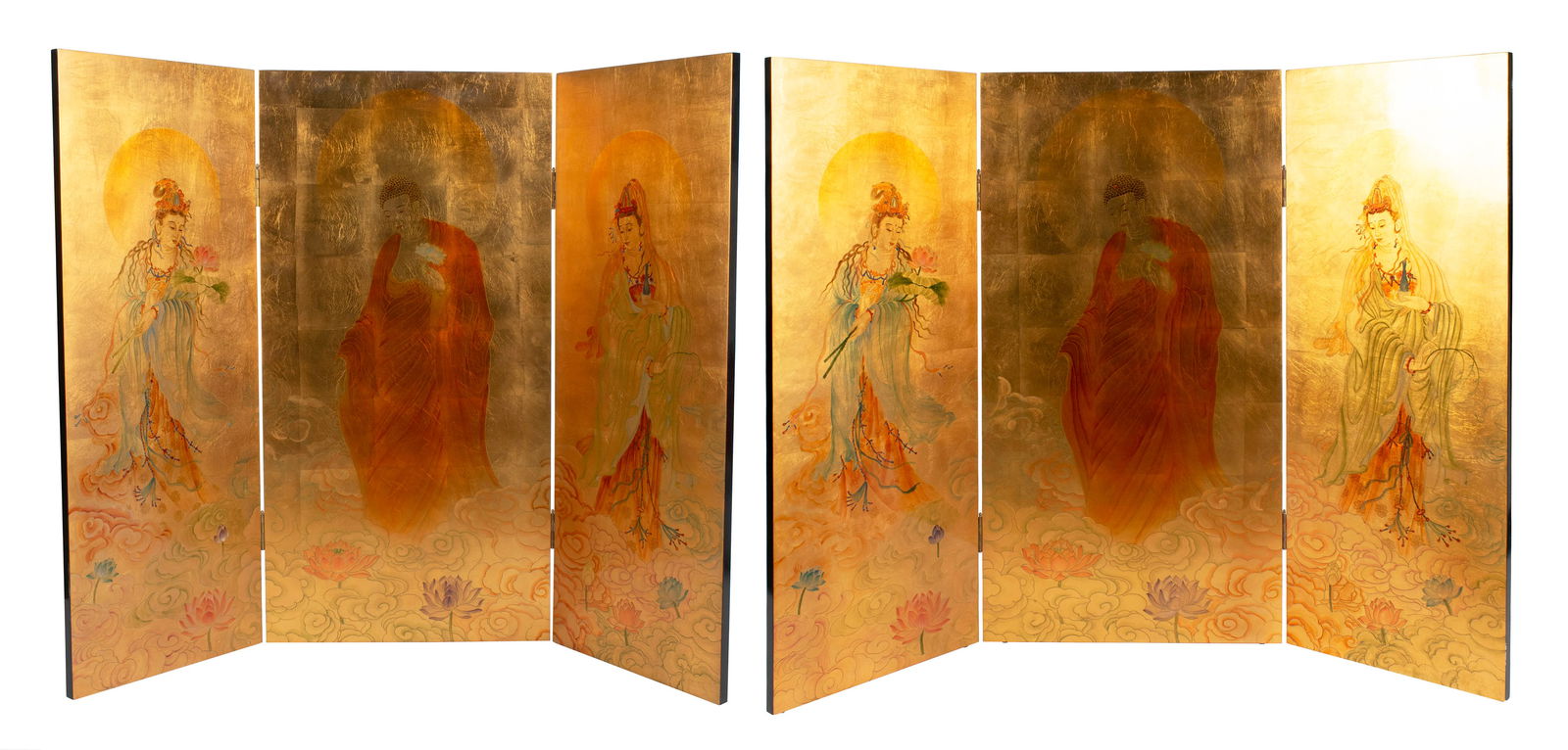 TWO THREE-PANEL ROOM SCREENS: TWO THREE-PANEL ROOM SCREENS Asian, 20th Century. Each panels depicts a figure on a gold background. 48 x 61 in. (121.9 x 154.9 cm.)