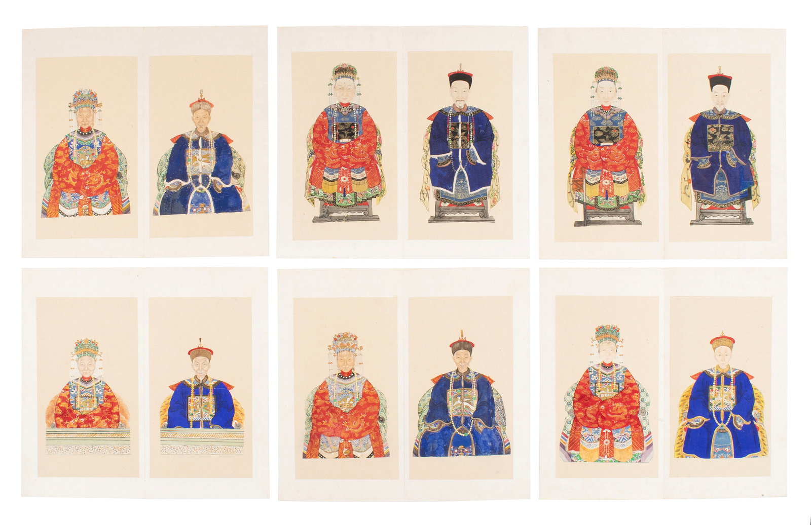 SIX CHINESE ANCESTRAL PORTRAIT PAIRS: SIX CHINESE ANCESTRAL PORTRAIT PAIRS 20th century, gouache on paper. Six pairs of Qing style ancestral portraits of figures in court dress, unframed. Each portrait: 9 1/2 x 5 1/2 in. (24.1 x 14 cm.),