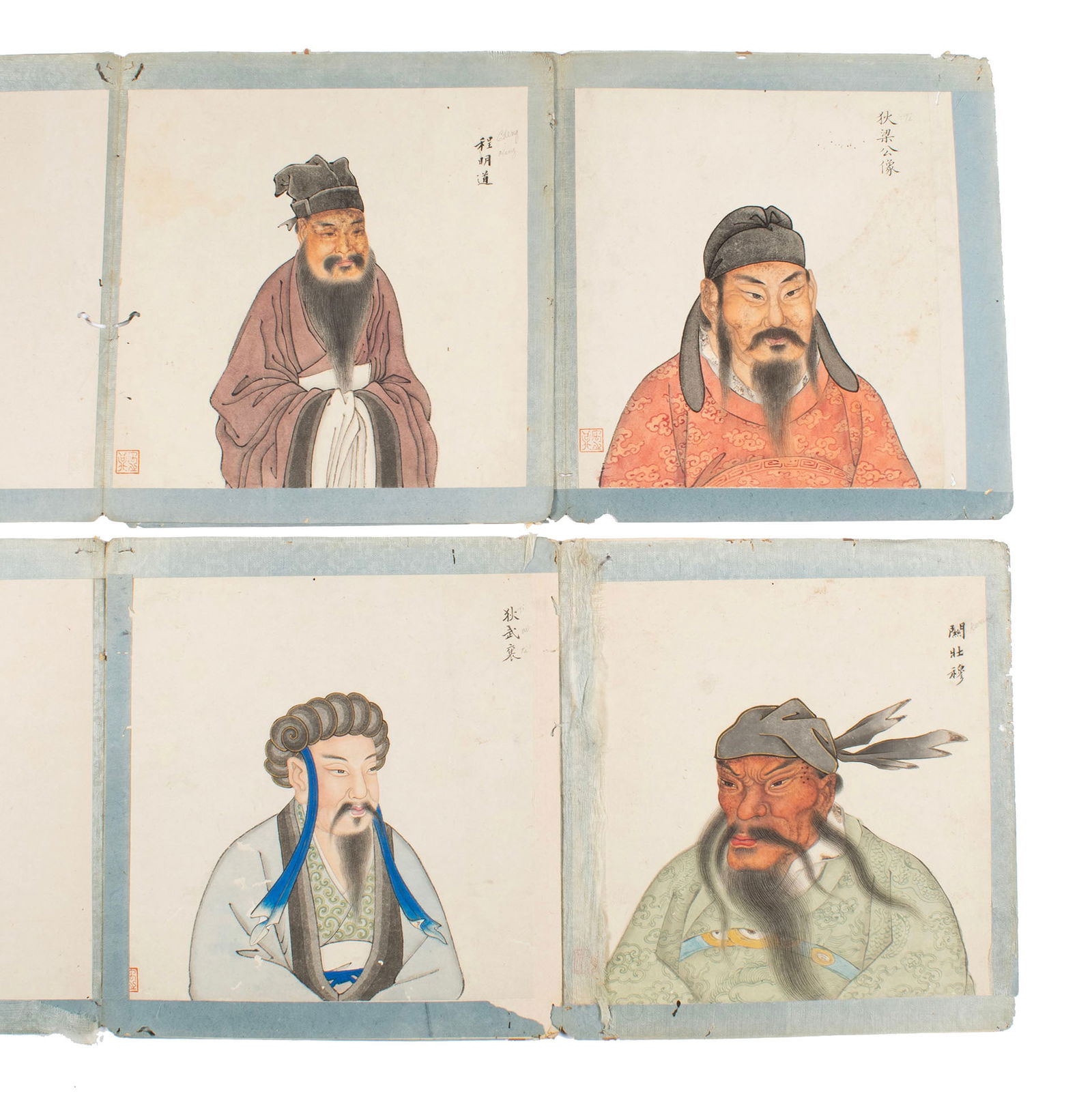 FOUR CHINESE SCHOLAR PORTRAITS: FOUR CHINESE SCHOLAR PORTRAITSEarly 20th century. Watercolor and ink portraits on paper with silk backing, each with artist seal and inscription, unframed.Portrait sheet: 11 x 11 in. (27.9 x 27.9 cm.)