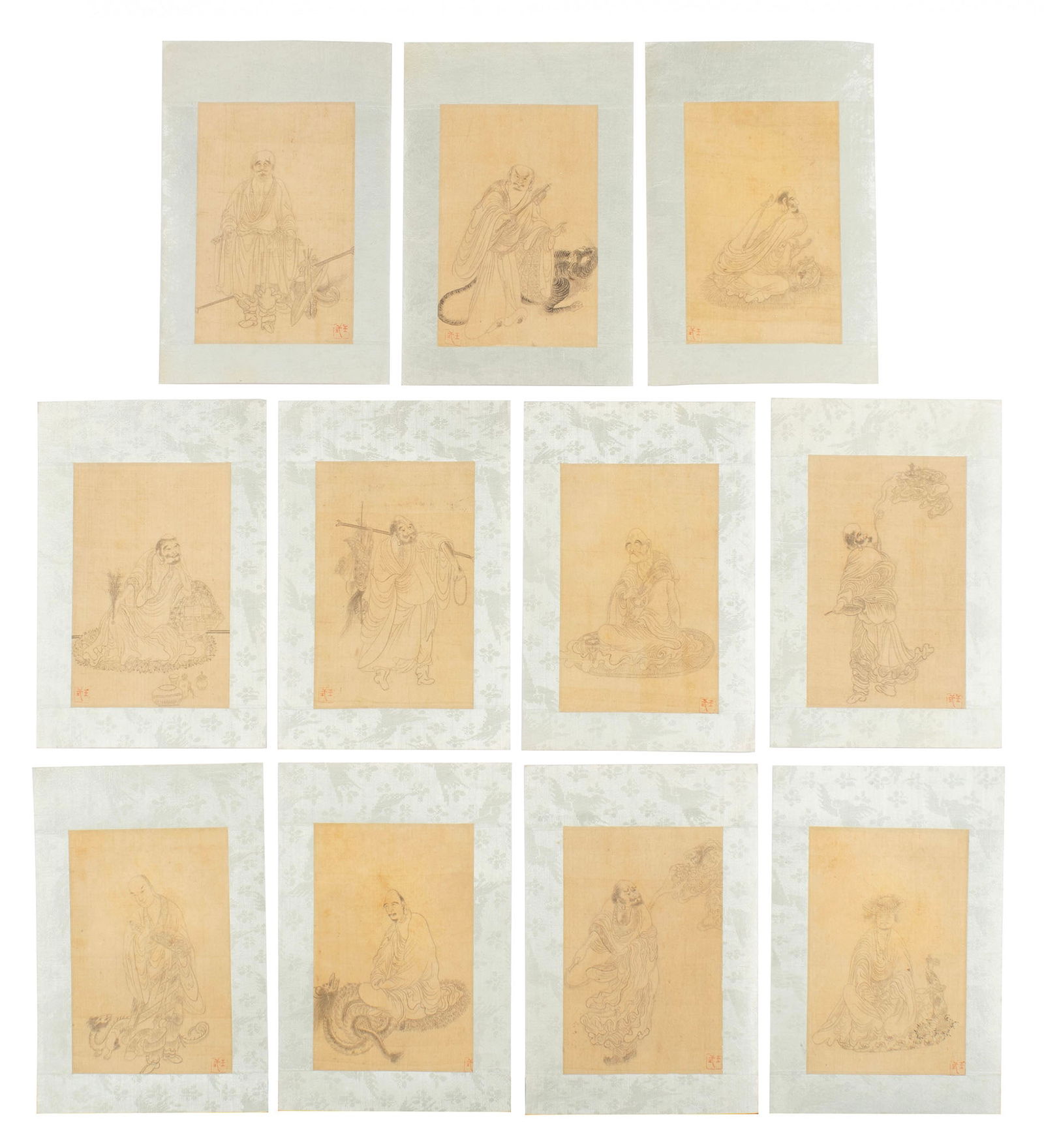 ELEVEN CHINESE SKETCHES ON SILK: ELEVEN CHINESE SKETCHES ON SILK20th century. Eleven (11) character sketches on silk with silk mats, each with seal to lower corner. Unframed.Image: 7 1/2 x 5 1/2 in. (19.1 x 14 cm.), Mat: 10 3/4 x 8 i