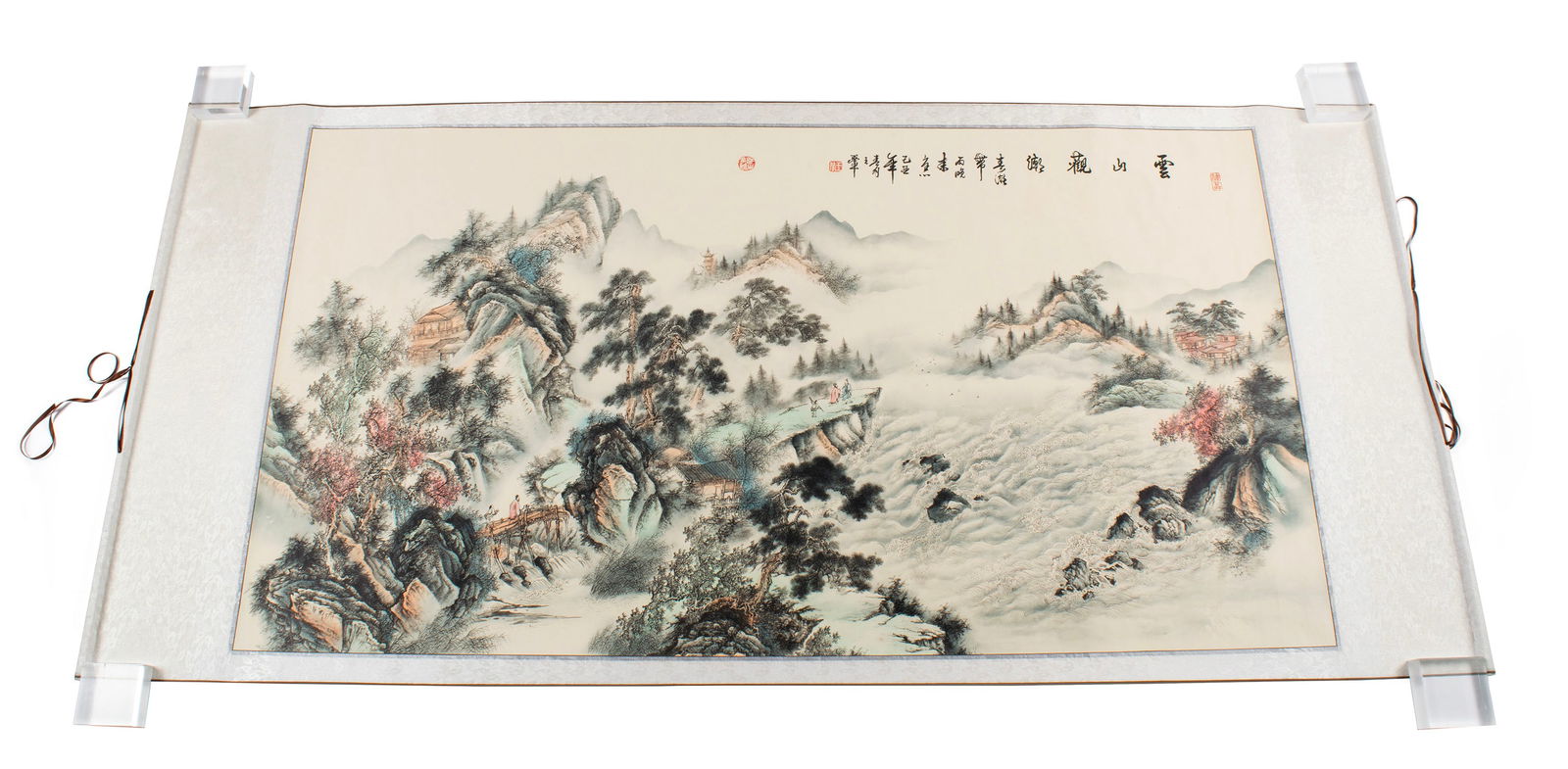 CHINESE INK AND WATERCOLOR SCROLL PAINTING: CHINESE INK AND WATERCOLOR SCROLL PAINTING Chinese, late 20th century. Shan Shui-(Mountain-Water) landscape painting in vivid colors with figures and architecture, seals and inscription to upper