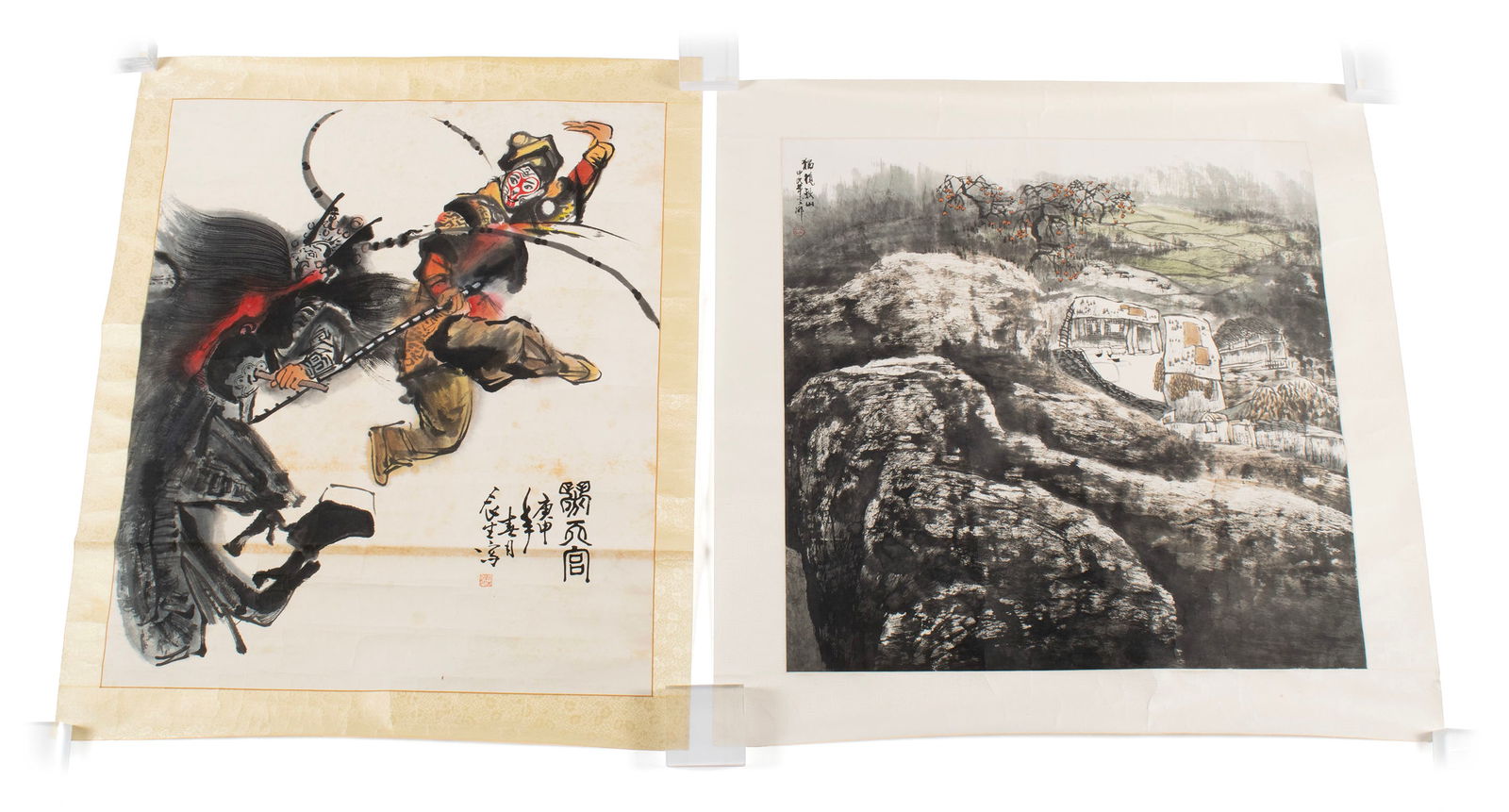 TWO CHINESE INK WASH PAINTINGS: TWO CHINESE INK WASH PAINTINGS Chinese, 20th century. Ink wash on paper paintings including a landscape together with a Peking Opera scene attributed to Dong Chen Sheng. Unframed. 30 x 29 in. (76.2 x