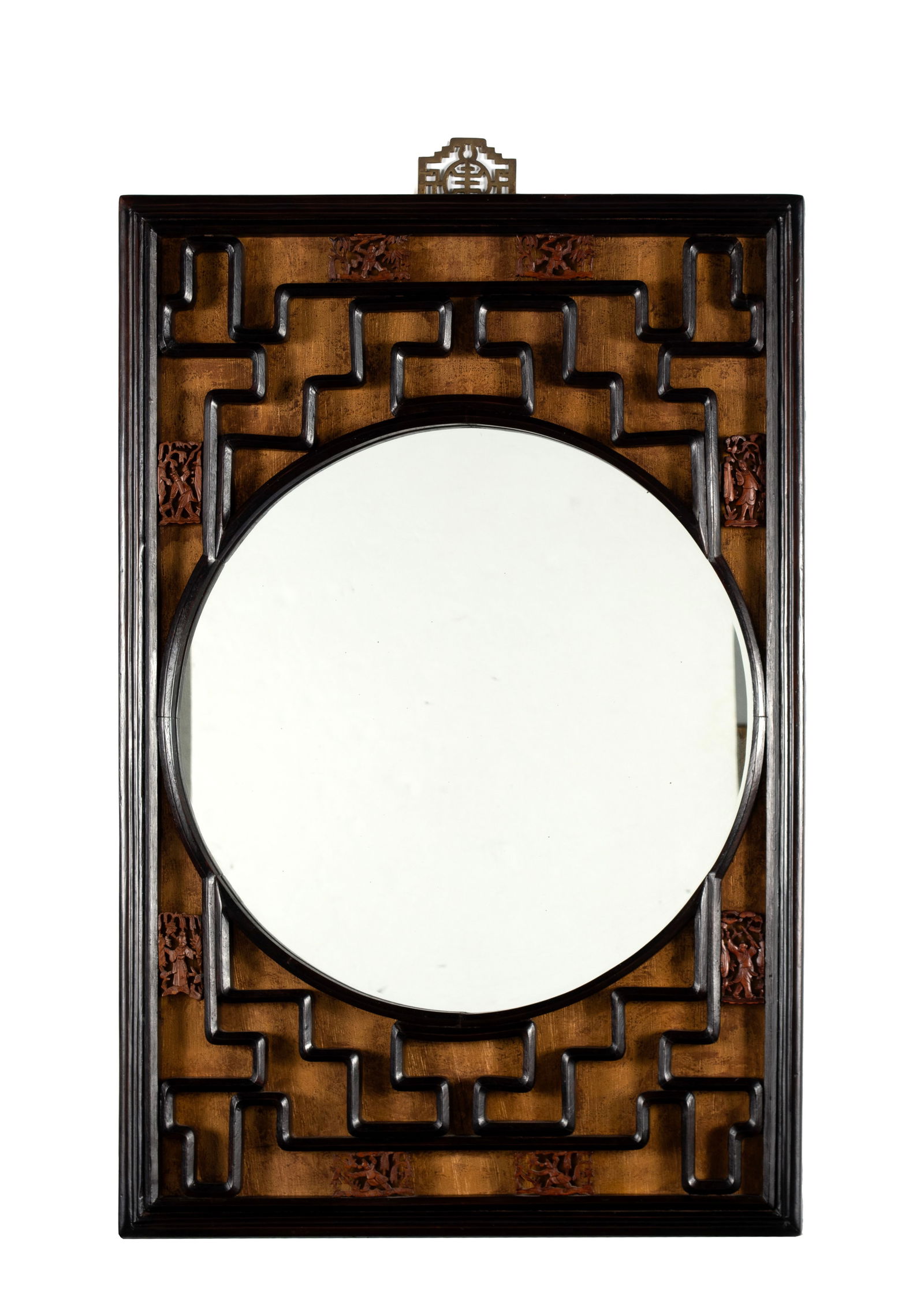 CHINESE CARVED MIRROR: CHINESE CARVED MIRROR20th century. Round mirror with lattice frame and figural carvings.32 x 20 3/4 x 1 1/4 in. (81.3 x 52.7 x 3.2 cm.)