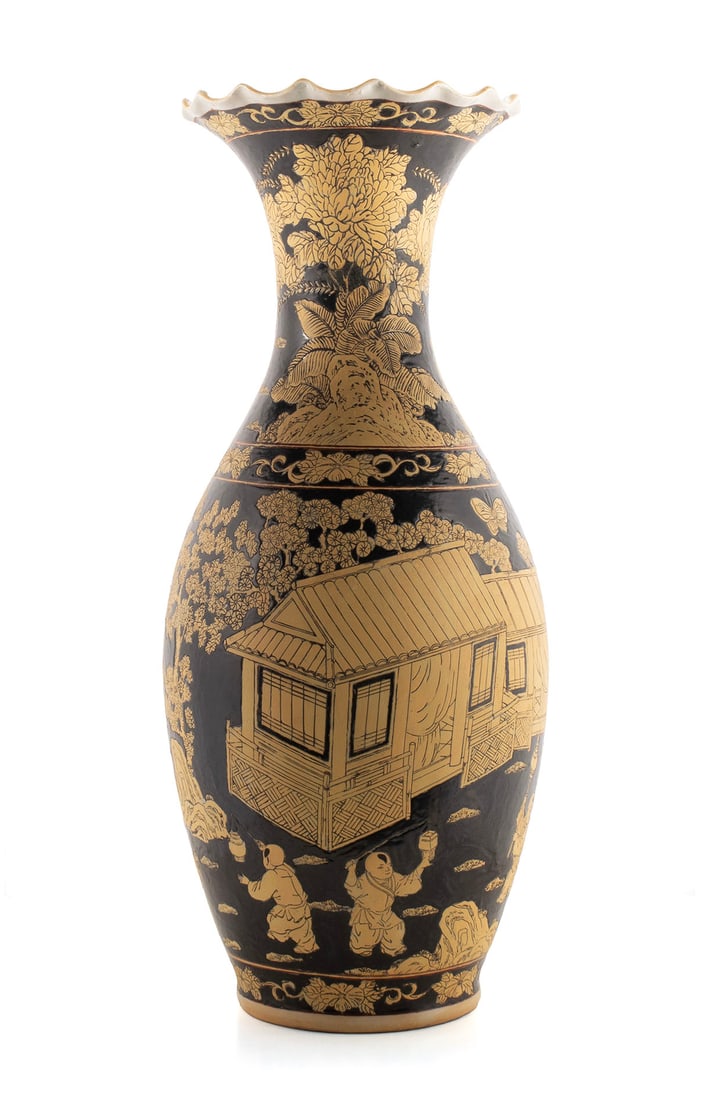 CHINESE LANDSCAPE VASE: CHINESE LANDSCAPE VASE20th century. Ceramic vase showing a village scene with boys playing, foliate decorated black ground vase, Qianlong mark underfoot.21 1/2 x 11 x 11 in. (54.6 x 27.9 x 27.9 cm.)