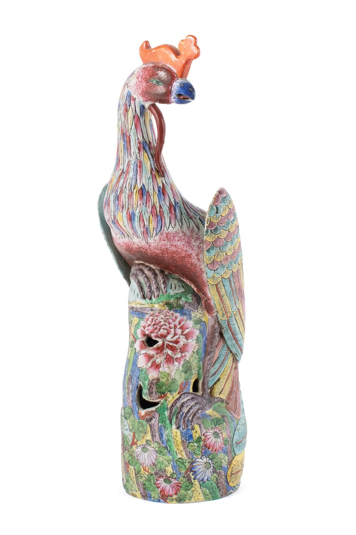 CHINESE EXPORT PORCELAIN PHOENIX: CHINESE EXPORT PORCELAIN PHOENIXChinese, 20th century. Molded porcelain in the Famille Rose palette.18 x 6 in. (45.7 x 15.2 cm.)
