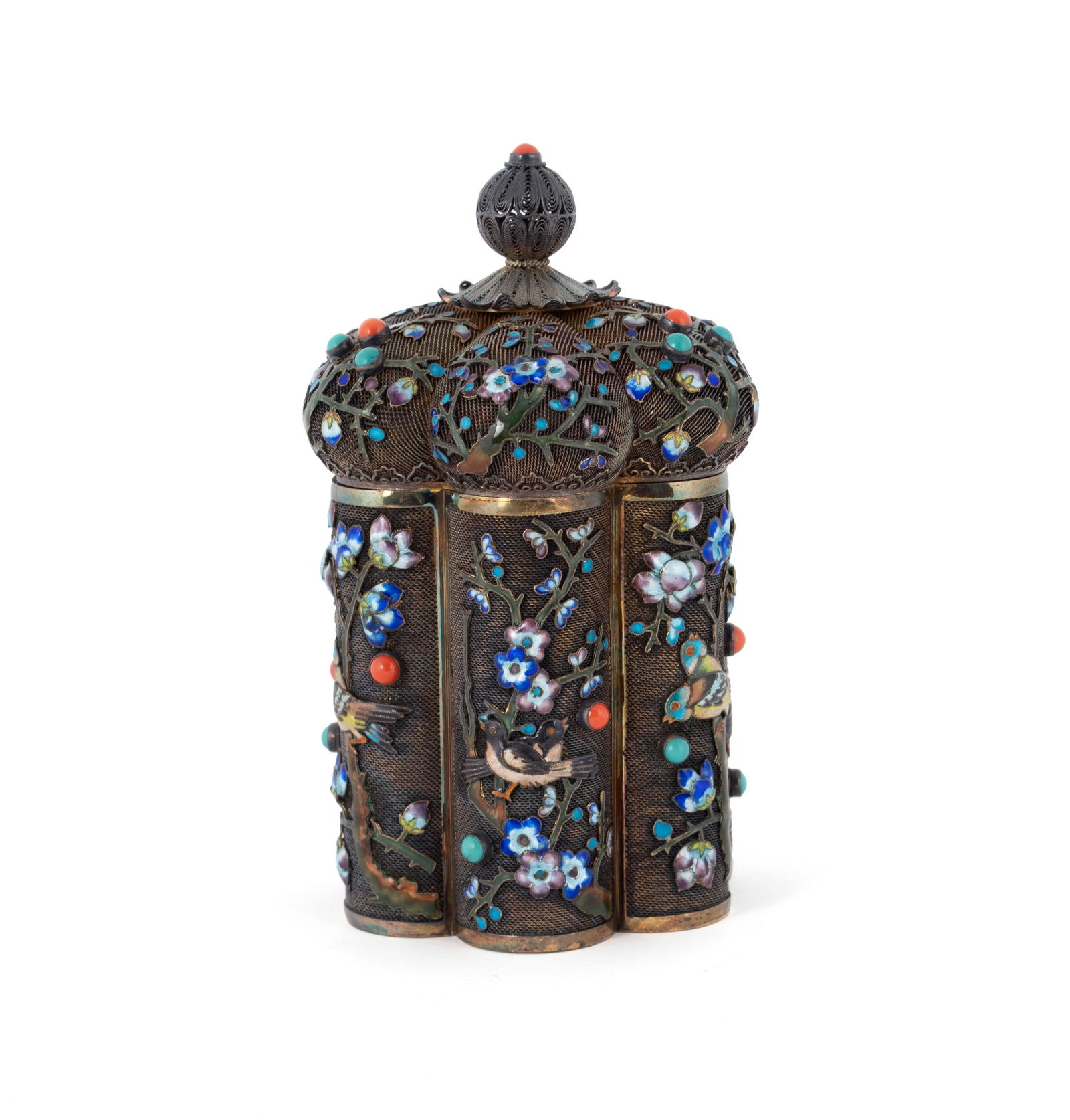 CHINESE SILVER FILIGREE AND ENAMEL TEA CADDY: CHINESE SILVER FILIGREE AND ENAMEL TEA CADDY20th century. Lobed form with enamel birds and flowers, marked 'Silver' and 'Made in China' on underside.5 1/2 x 3 1/2 in. (14 x 8.9 cm.); Total weight: 365