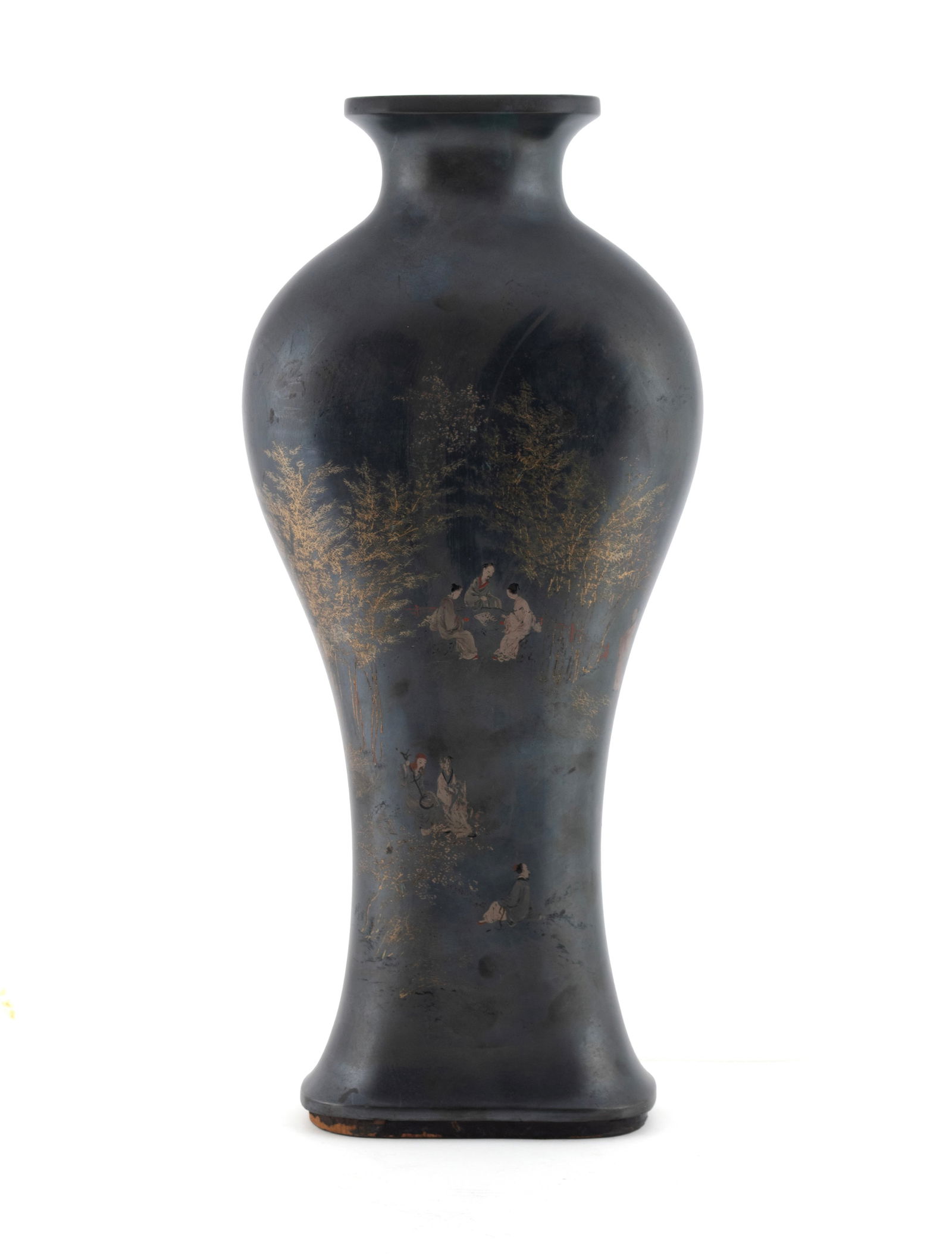 CHINESE FUZHOU LACQUER VASE: CHINESE FUZHOU LACQUER VASEEarly 20th century. Decorated on both sides with figures in a landscape, with wooden body.16 1/4 in. (41.3 cm.)