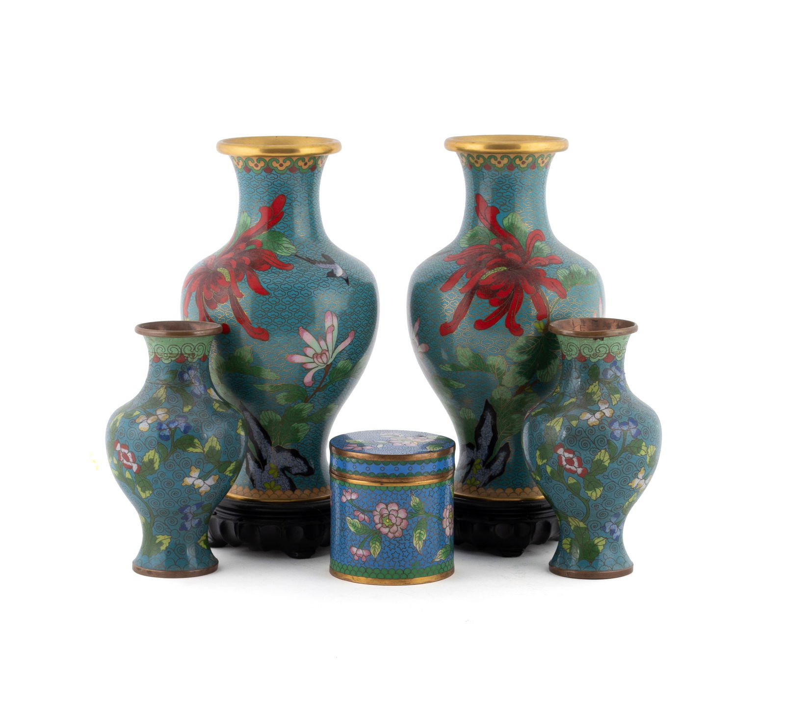 FIVE CLOISONNE COLLECTIBLES: FIVE CLOISONNE COLLECTIBLESChinese, early 20th century. Two (2) pairs of cloisonne enamel vases - a larger and a smaller - both in a brilliant turquoise ground with a scattering of flowers and birds.