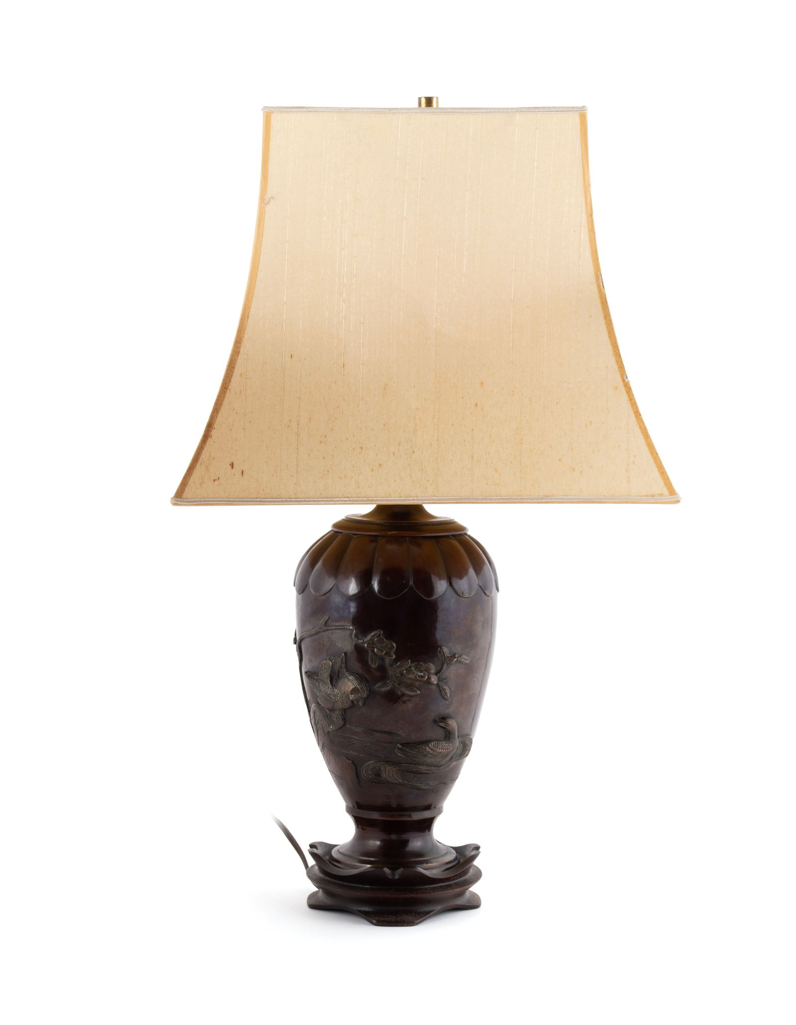 MEIJI STYLE LAMP: MEIJI STYLE LAMPJapanese, 20th century, bronze. Body having applied cherry blossoms and ducks, on a wooden base, with shade.With shade: 23 1/2 in. (59.7 cm.)