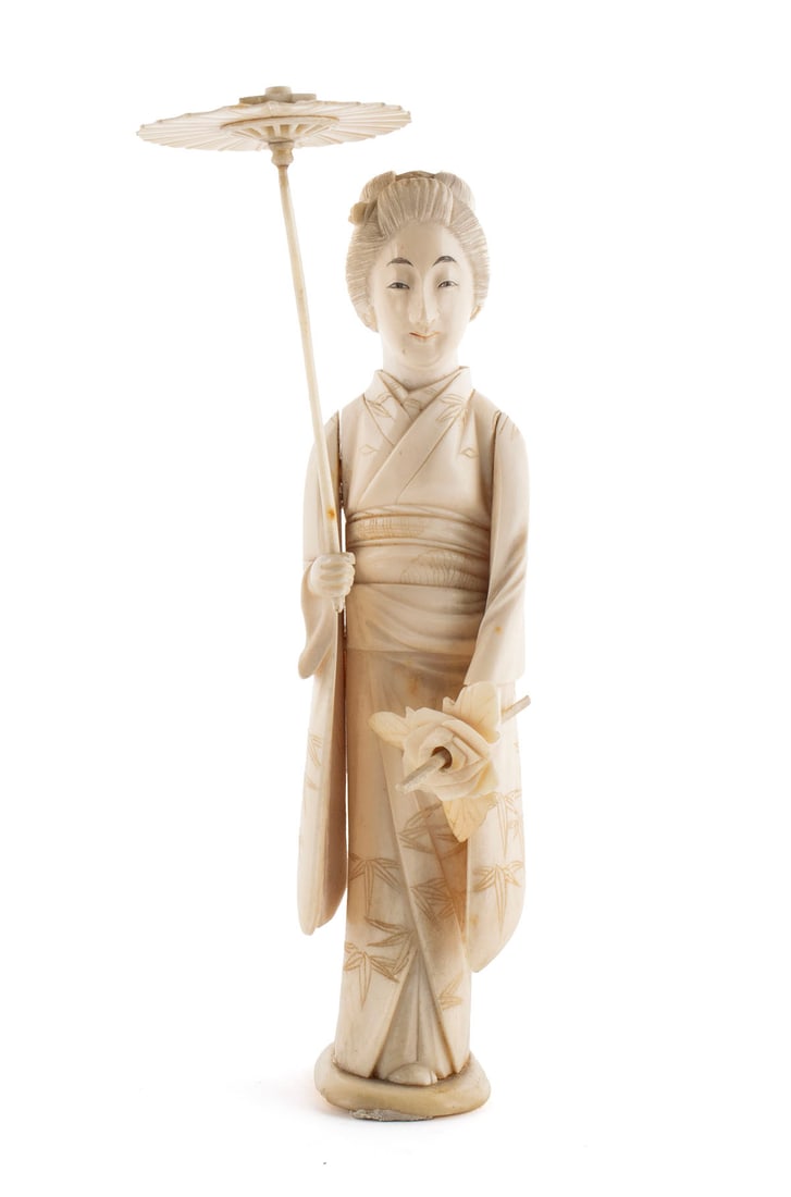 JAPANESE CARVED OKIMONO: JAPANESE CARVED OKIMONOLate Meiji. Carved figure of a Geisha with parasol.7 1/2 in. (19.1 cm.)