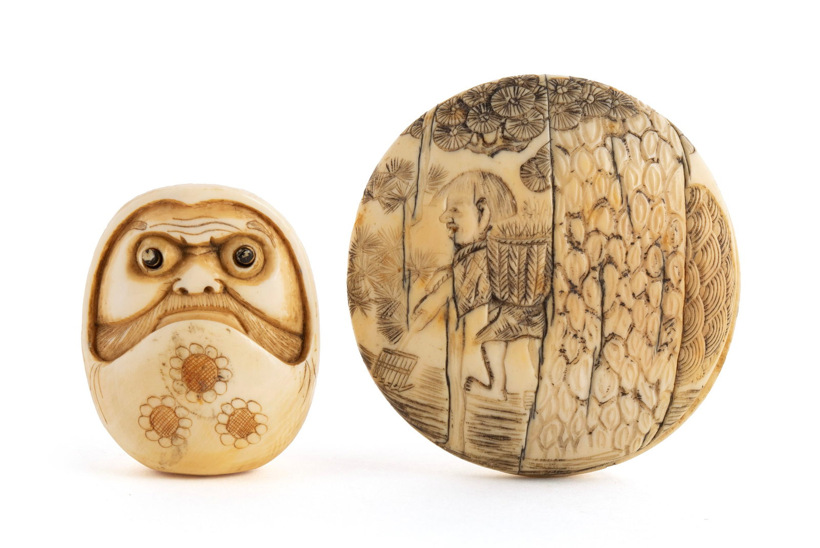 TWO CARVED JAPANESE NETSUKE: TWO CARVED JAPANESE NETSUKELate Meiji. Polychrome decorated "eye popping" Daruma netsuke, signed to bottom, together with a finely carved Manju netsuke showing a basket maker, the verso showing five p