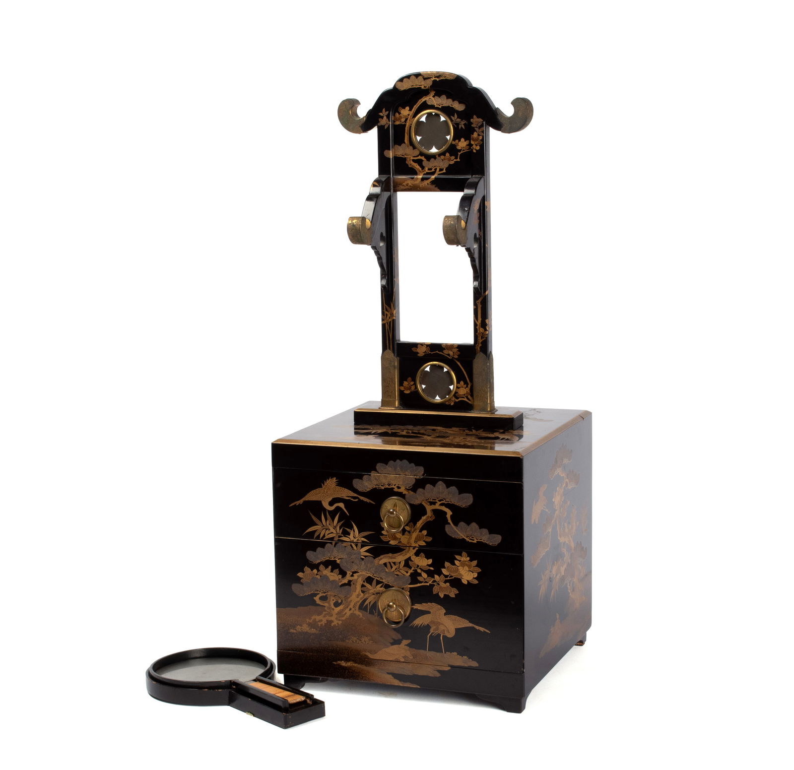 JAPANESE LACQUER VANITY BOX: JAPANESE LACQUER VANITY BOXMeiji period. Lacquered two-drawer vanity case with mirror stand and bronze mirror. With 1969 purchase certificate from Uchida Art Co., Kyoto.Drawers: 10 3/4 x 10 3/4 x 10 3