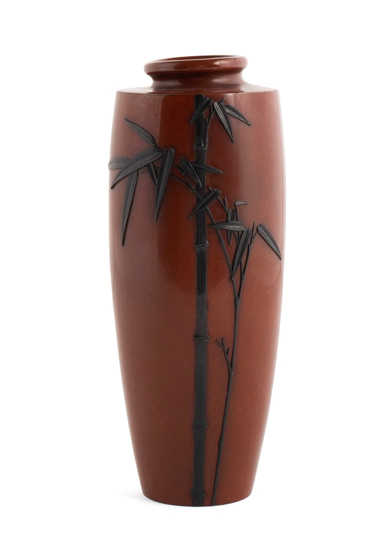 KURODA BRONZE CABINET VASE: KURODA BRONZE CABINET VASEJapanese, Meiji. Mixed metal bronze vase with bamboo decoration, signed underfoot (Kyoto/Kuroda).5 in. (12.7 cm.)