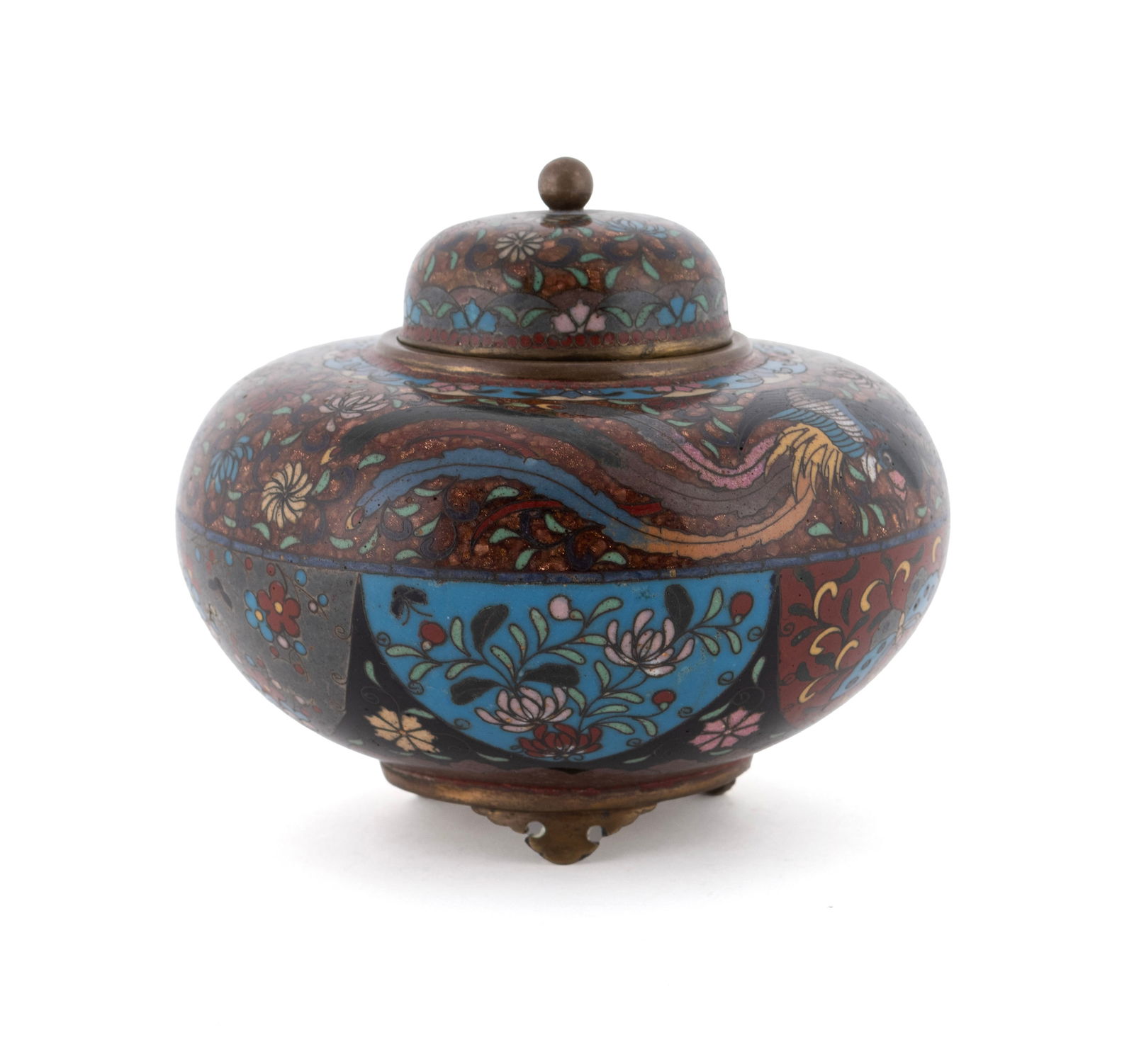 MEIJI GOLDSTONE CLOISONNE JAR: MEIJI GOLDSTONE CLOISONNE JAR Japanese, late 19th/early 20th century. Cloisonne jar with phoenix and flower decoration, on metal tripod base. 4 1/2 x 5 in. (11.4 x 12.7 cm.)
