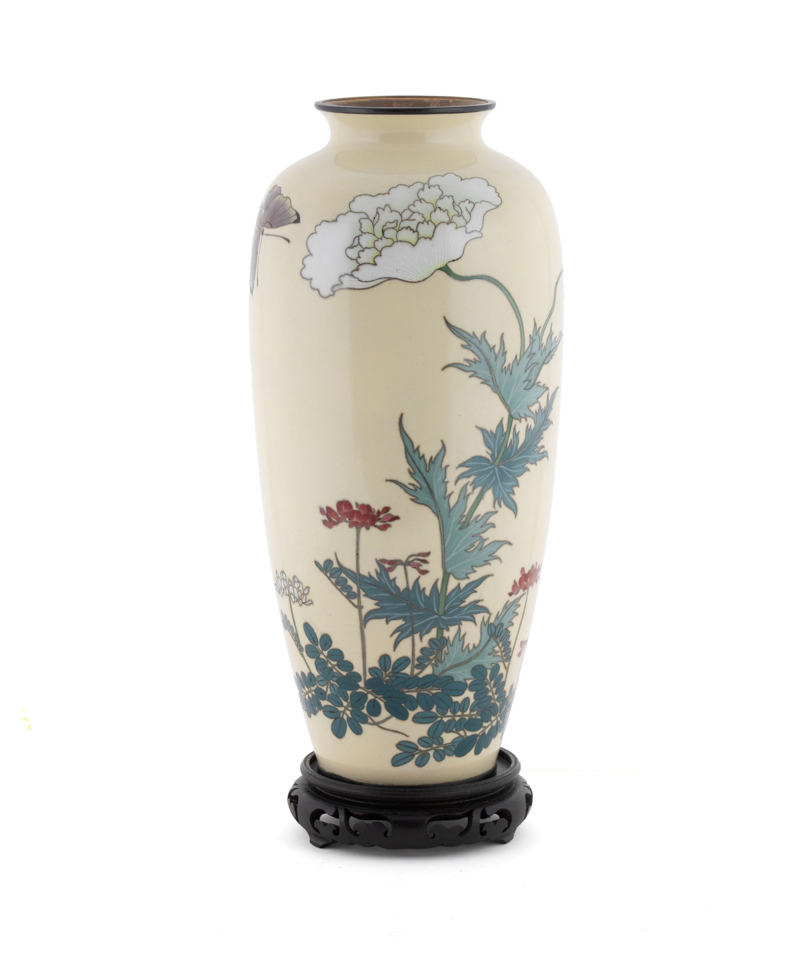 JAPANESE MEIJI CLOISONNE VASE: JAPANESE MEIJI CLOISONNE VASE 20th century. Yellow ground vase with floral decoration, unmarked. 13 1/2 in. (34.3 cm.)