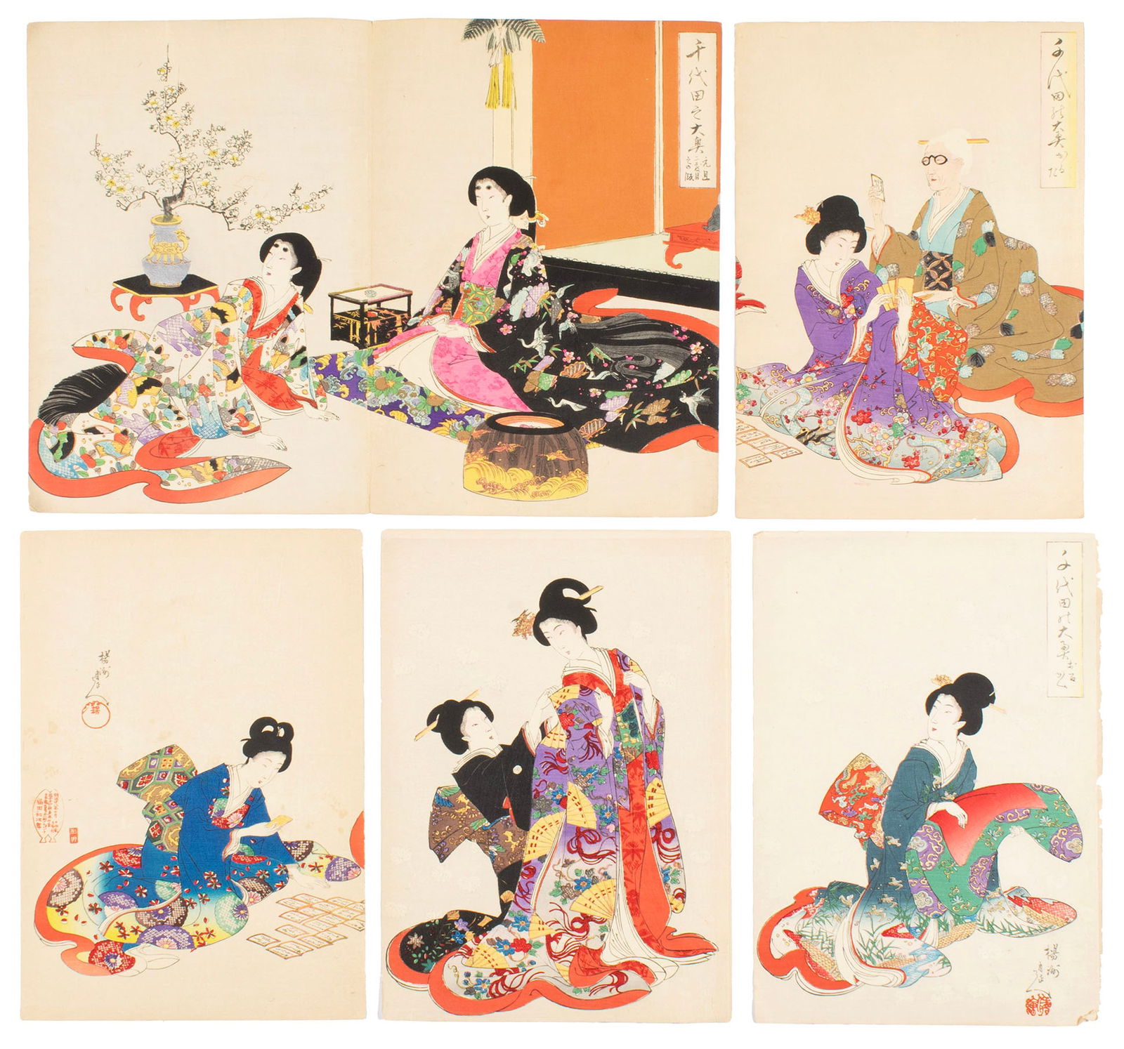 FIVE TOYOHARA CHIKANOBU (1838-1912) WOODBLOCKS: FIVE TOYOHARA CHIKANOBU (1838-1912) WOODBLOCKS Japanese, late 19th/early 20th century. Five woodblock prints from the Chiyoda Castle series, with seals and signatures, unframed. Largest: 14 x 18 1/2