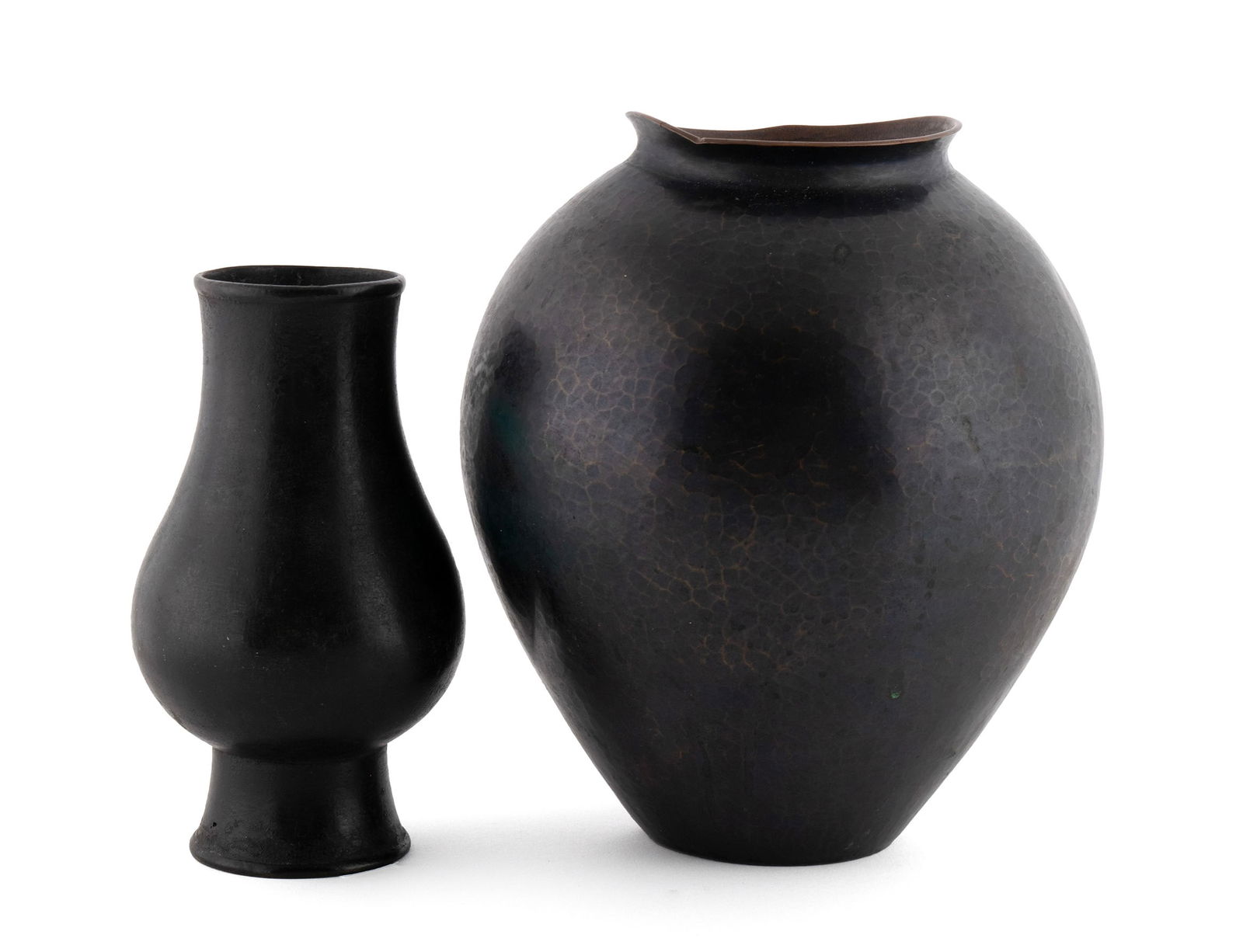 TWO ASIAN METAL VASES: TWO ASIAN METAL VASES20th century. Both signed on underside. Both globular form, with hammered finish to the larger vase.Larger: 7 1/2 x 6 1/2 in. (19.1 x 16.5 cm.)