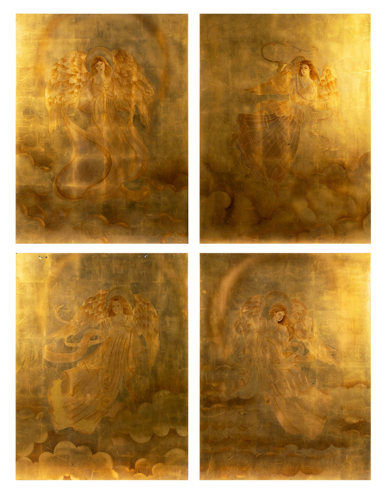 SET OF FOUR LAQUERED WALL HANGINGS: SET OF FOUR LAQUERED WALL HANGINGSChinese, 20th Century. Angelic figures against a gold background.48 x 36 in. (121.9 x 91.4 cm.)