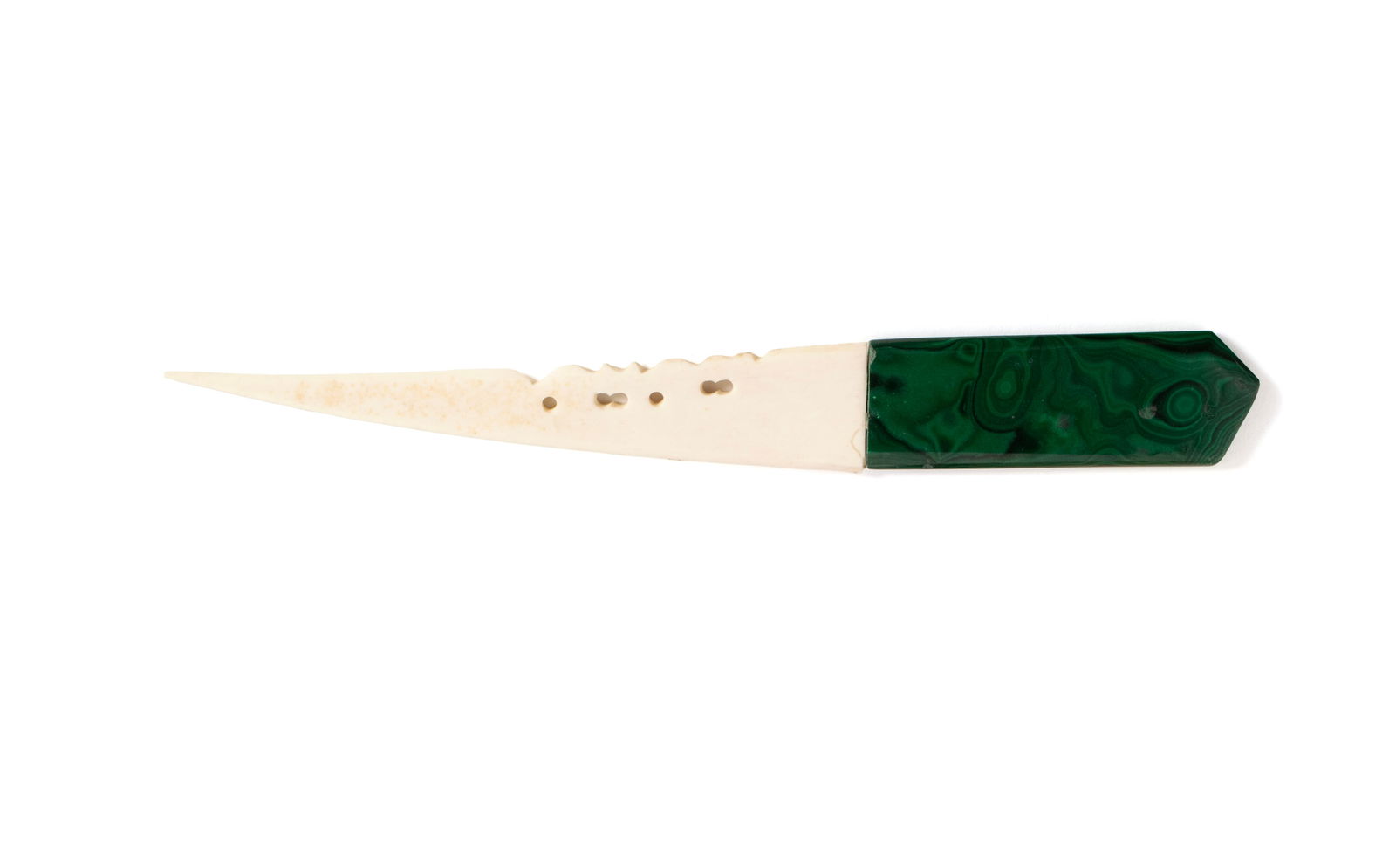 AFRICAN BONE LETTER OPENER: AFRICAN BONE LETTER OPENER 20th century. African malachite and bone letter opener. 9 1/2 in. (24.1 cm.) length, 10 3/4 in. (27.3 cm.) length.