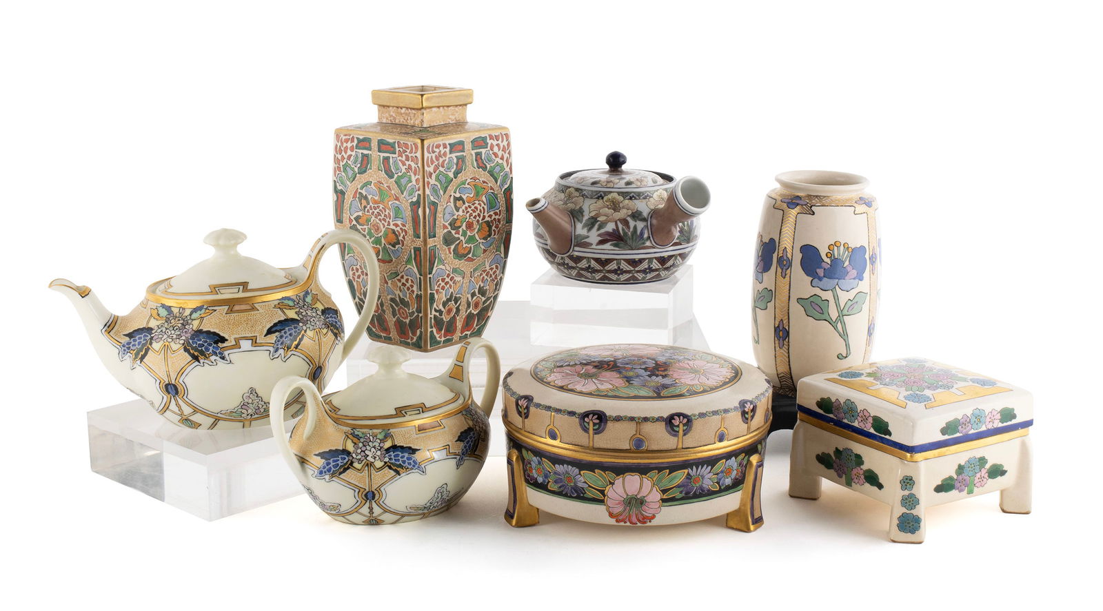 COLLECTION OF AMERICAN SATSUMA: COLLECTION OF AMERICAN SATSUMAEarly 20th century. Five (5) pieces of Satsuma porcelain hand-painted by American women, two pieces signed. Together with a ZS & Co. porcelain teapot and sugar bowl, also