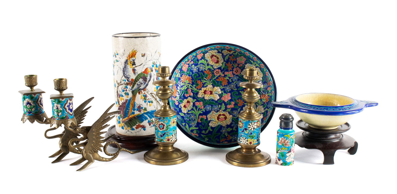 COLLECTION OF LONGWY ENAMELED POTTERY: COLLECTION OF LONGWY ENAMELED POTTERYFrench, 20th century. Eight (8) pieces total including two pairs of brass mounted candlesticks, a crackle glaze vase, a Primavera handled bowl, a caster and a bowl