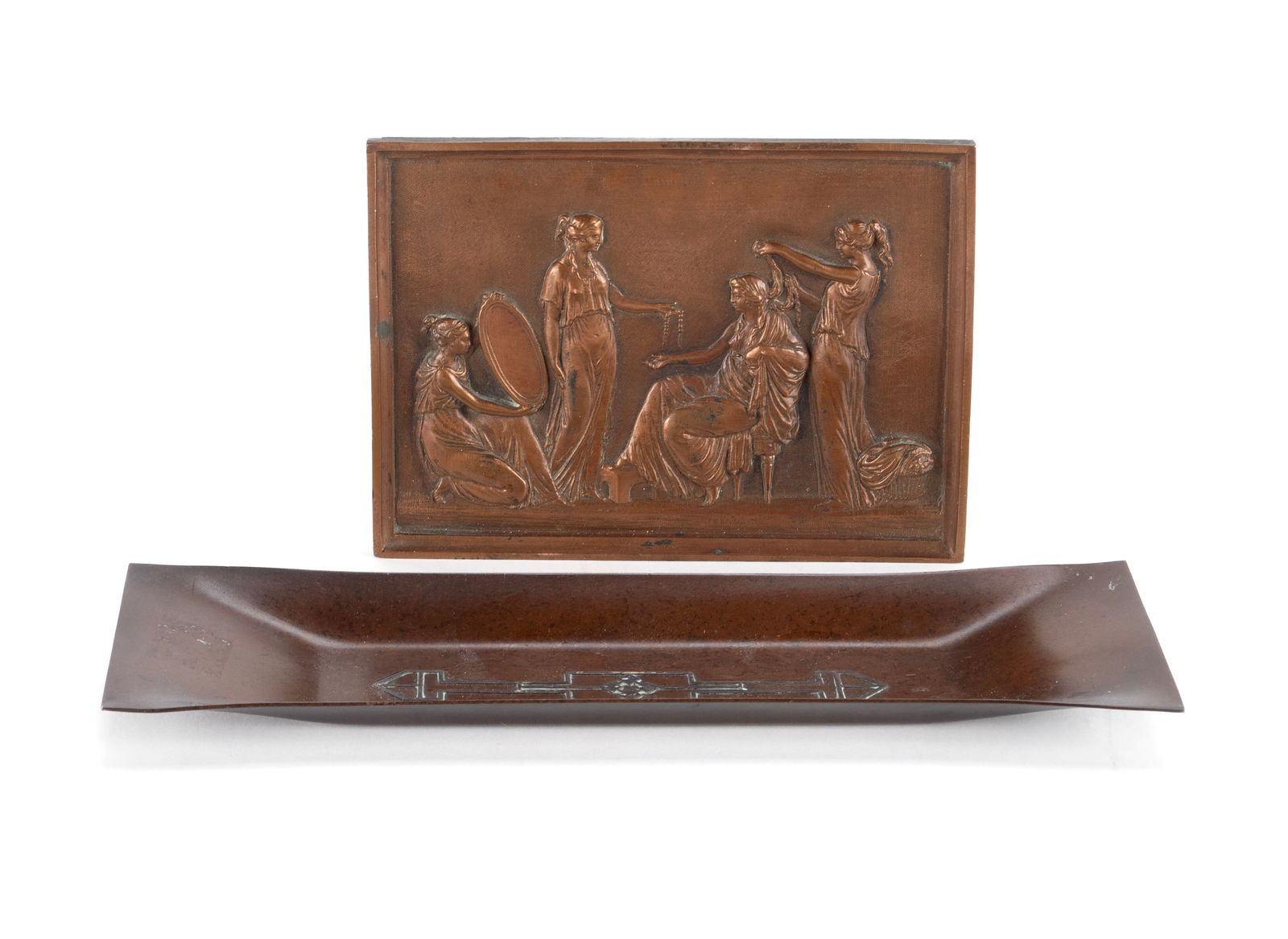 HEINTZ TRAY AND NEOCLASSICAL PLAQUE: HEINTZ TRAY AND NEOCLASSICAL PLAQUEAmerican, early 20th century, "sterling on bronze" with the Heintz mark, a rectangular tray with central geometric inlay design. The plaque likely continental showin