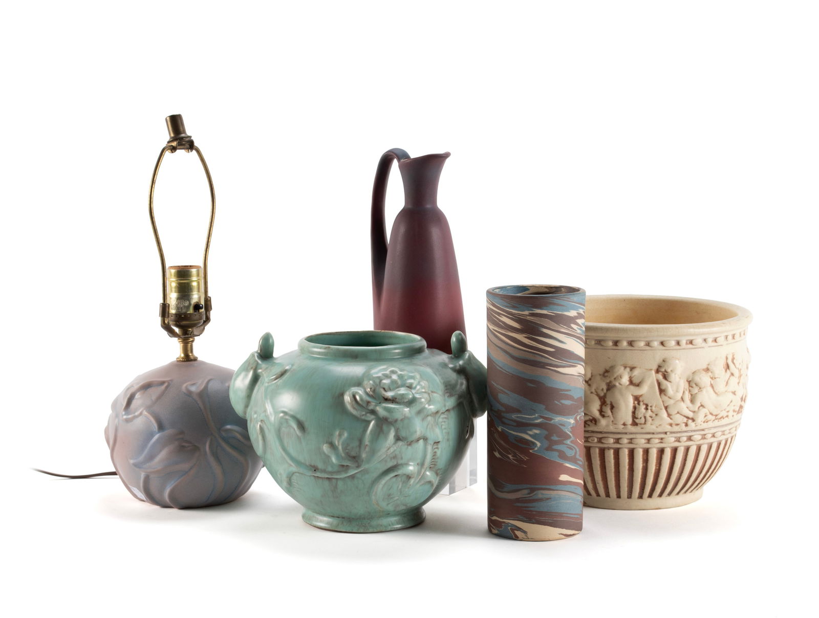 COLLECTION OF AMERICAN ART POTTERY: COLLECTION OF AMERICAN ART POTTERY20th century. Five (5) pieces including a Van Briggle lamp base and ewer, a Weller cherub jardiniere (unmarked), a Niloak swirl cylinder vase, and a Rumrill turtle ja