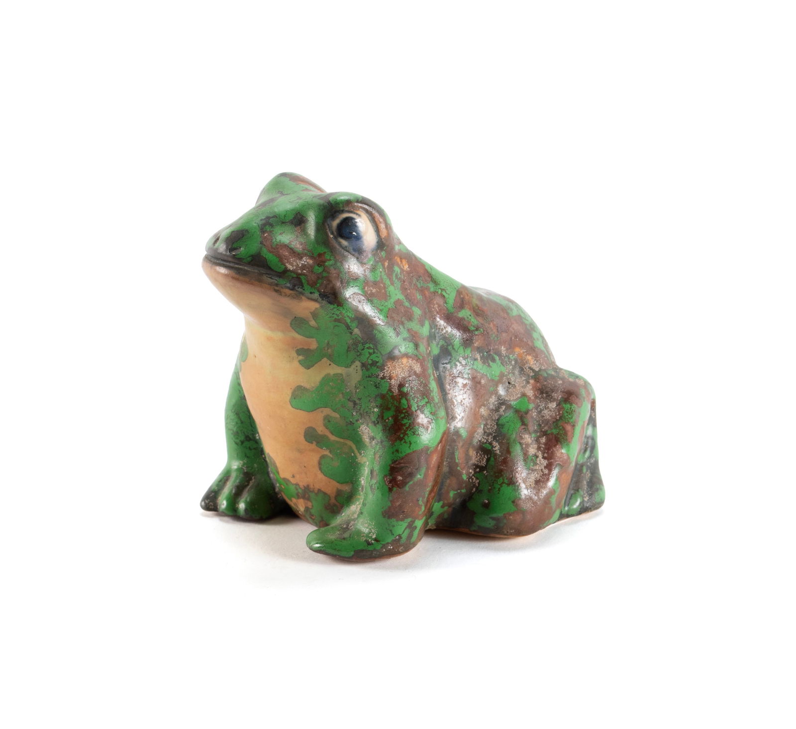 WELLER COPPERTONE FROG: WELLER COPPERTONE FROG American, early 20th century. Marked on underside. 3 3/4 x 4 1/2 x 3 1/4 in. (9.5 x 11.4 x 8.3 cm.)