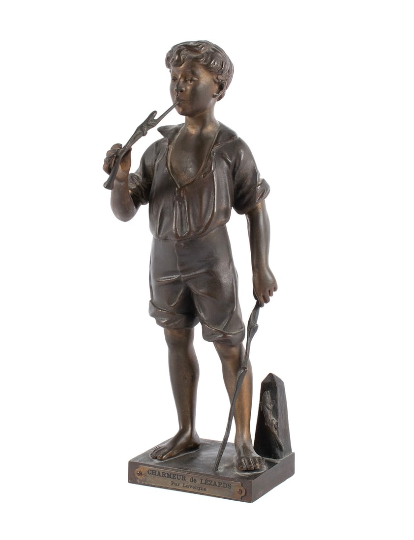 ADOLPHE JEAN LAVERGNE (FRENCH, 1863-1928): Adolphe Jean LavergneFrench, 1863-1928Charmeur de LezardsBronzeSignature to top of base, underfoot stamped 4289 with illegible foundry mark.11 1/4 x 4 x 3 3/4 in. (28.6 x 10.2 x 9.5 cm.)