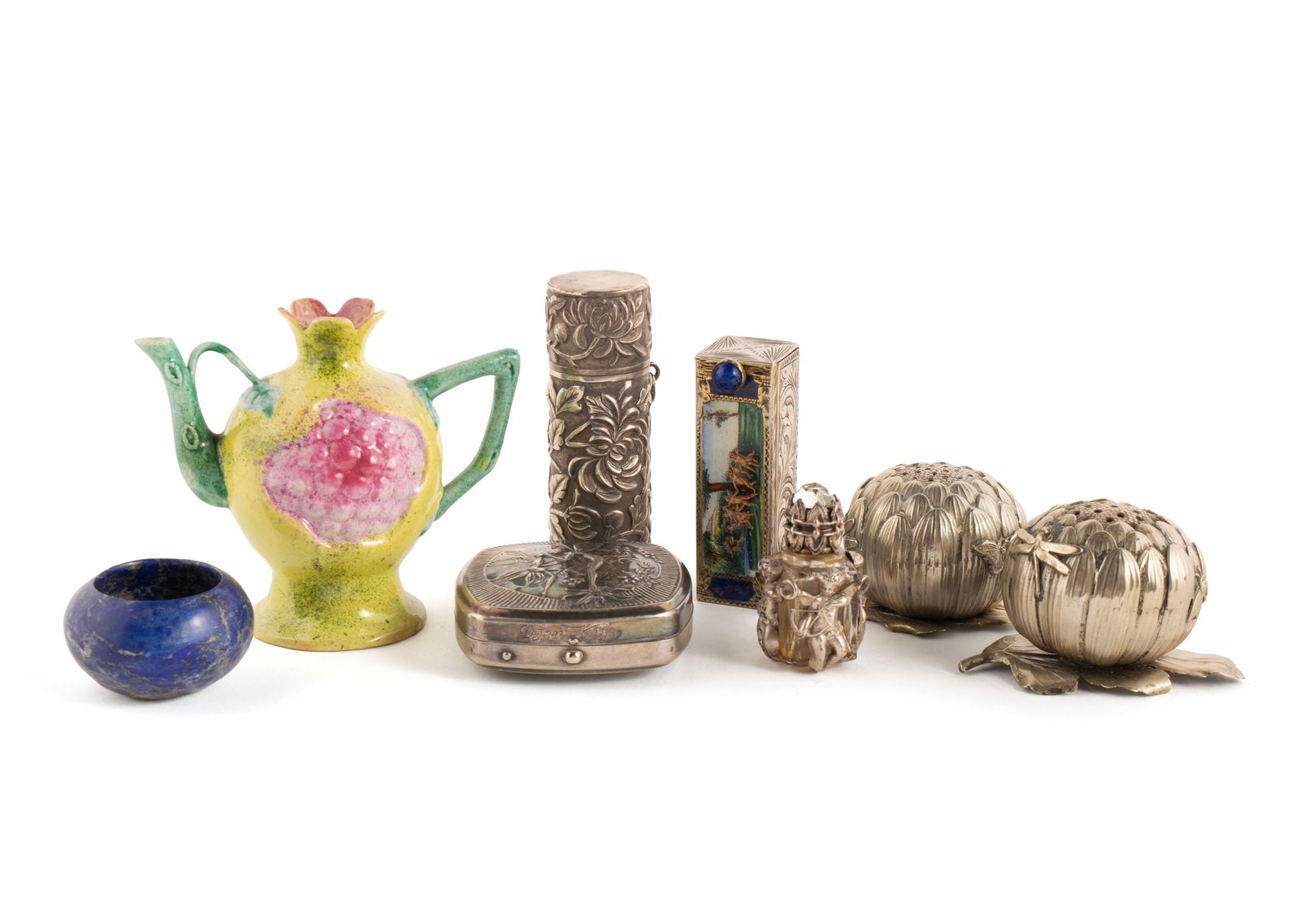 EIGHT PIECES OF DIMINUTIVE SILVERPLATE AND OTHER DECORATIVE ITEMS: EIGHT PIECES OF DIMINUTIVE SILVERPLATE AND OTHER DECORATIVE ITEMSLate 19th/20th century. Including a Continental 800 silver enamel decorated lipstick with mirror case, pair of silver-plate artichoke-f