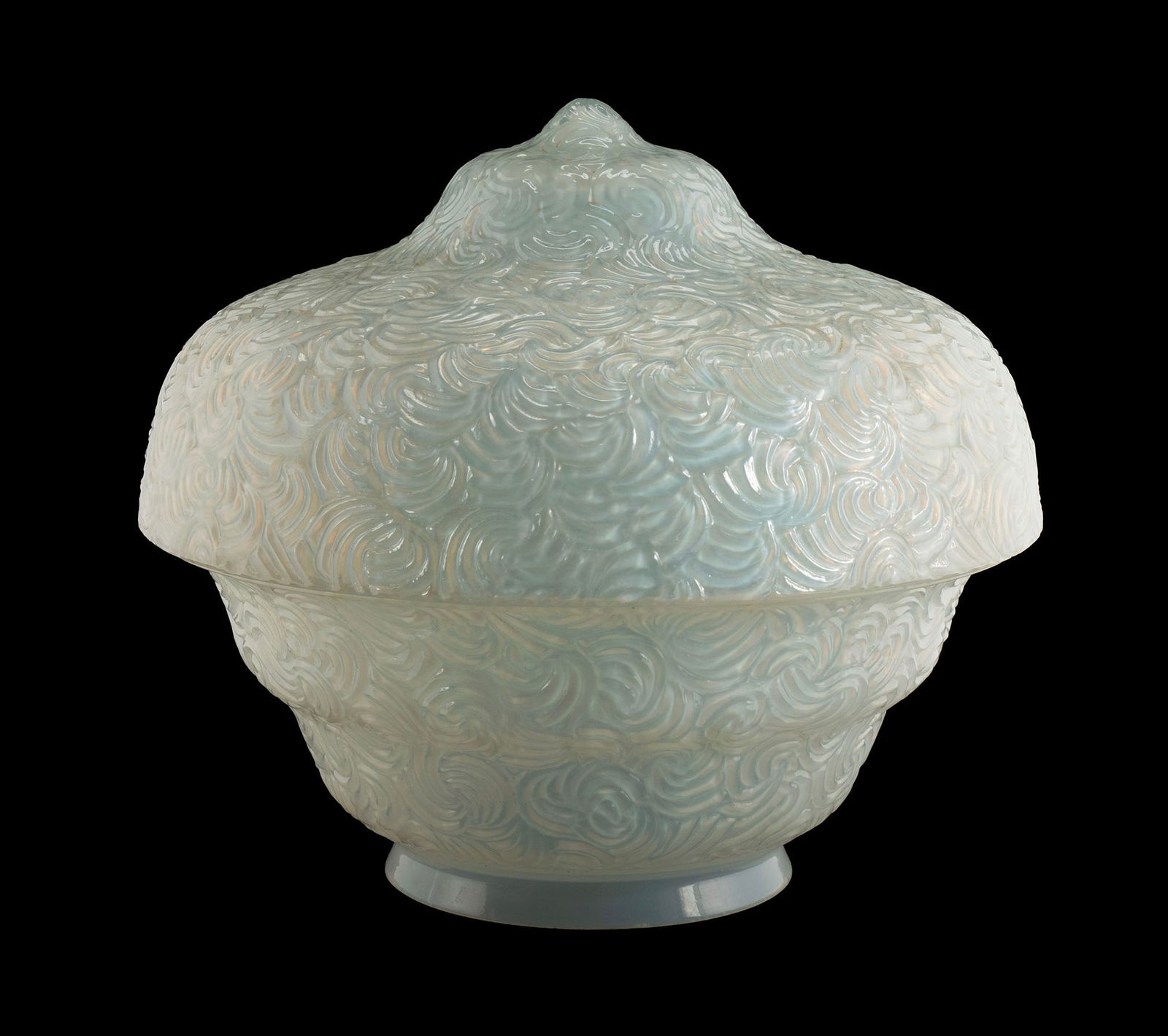 FROSTED GLASS LAMP SHADE: FROSTED GLASS LAMP SHADE20th century. Molded glass shade with swirl decoration, unmarked.11 1/2 x 12 1/2 in. (29.2 x 31.8 cm.)