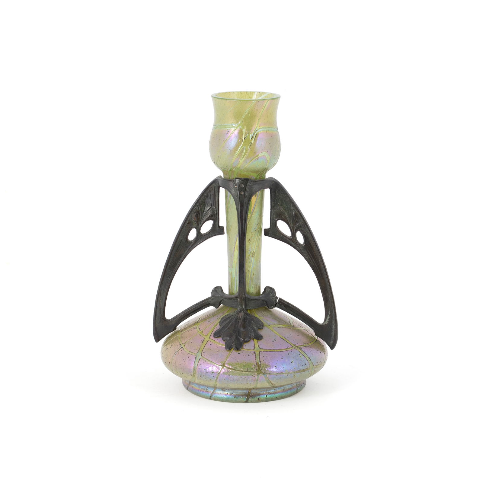 ART NOUVEAU GLASS VASE, ATTRIBUTED TO KRALIK: ART NOUVEAU GLASS VASE, ATTRIBUTED TO KRALIK Continental, early 20th century. Art glass vase with metal mounts. 8 3/4 in. (22.2 cm.)