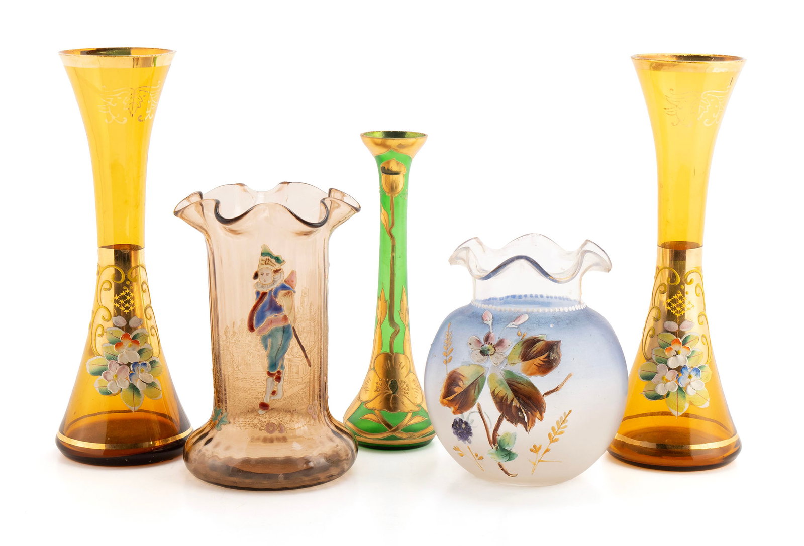 BOHEMAIN PAINTED GLASS VASES: BOHEMAIN PAINTED GLASS VASES 20th century. Five (5) total, with gilt and hand-painted decoration. Largest: 8 in. (20.3 cm.)
