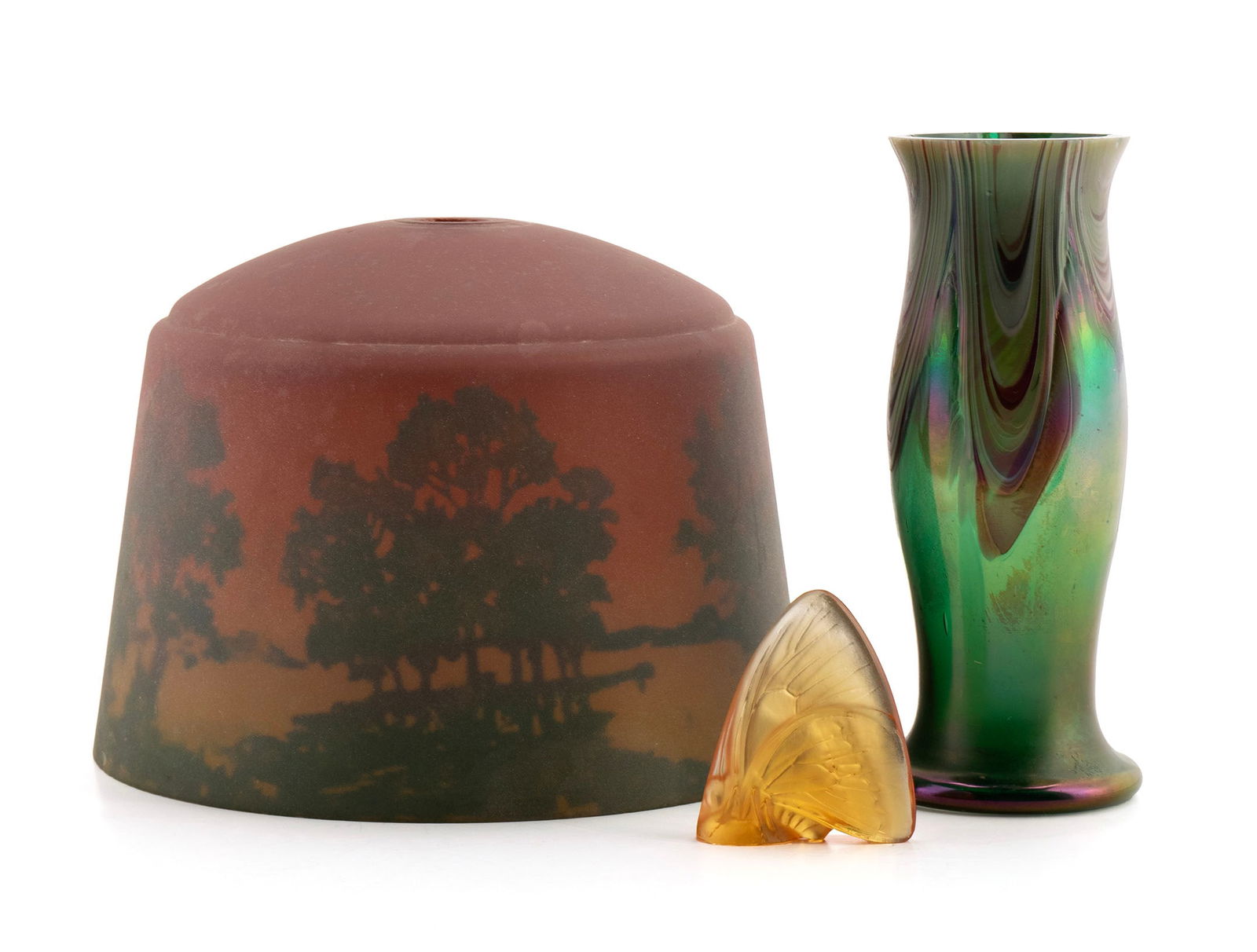THREE ART GLASS ITEMS: THREE ART GLASS ITEMS20th century. Including a Lalique butterfly figure, a reverse painted glass landscape shade and a Bohemian art glass vase.Vase: 6 1/8 in. (15.6 cm.), Shade: 5 x 7 in. (12.7 x 17.8