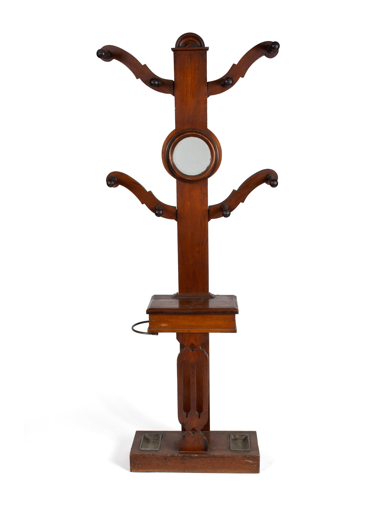 VICTORIAN WALNUT HALL TREE: VICTORIAN WALNUT HALL TREE19th century. Two pairs of scrolled arms with mirror and medial box, on a block base.78 x 31 x 11 in. (198.1 x 78.7 x 27.9 cm.)