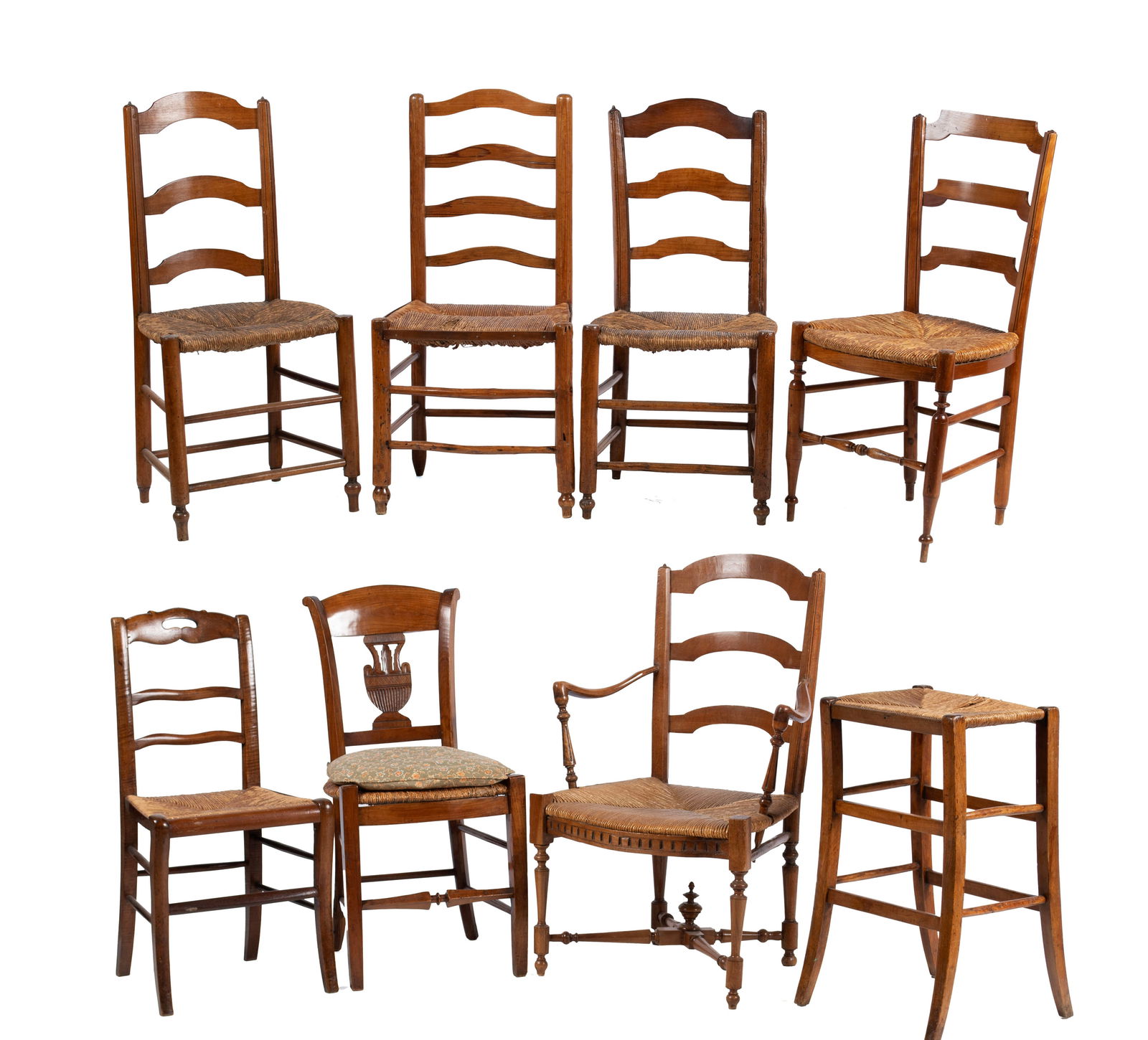 EIGHT ASSORTED CHAIRS: EIGHT ASSORTED CHAIRS American and Continental, 19th and 20th century. Six side chairs, an armchair and a tall stool. 36 x 24 x 18 in. (91.4 x 61 x 45.7 cm.)